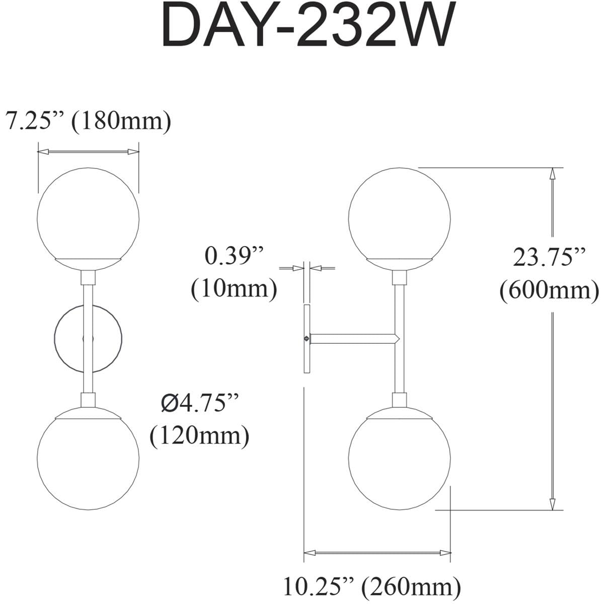 Dainolite 2 Light Wall Sconce Matte Black Metal with White Glass - Model DAY-232W-MB