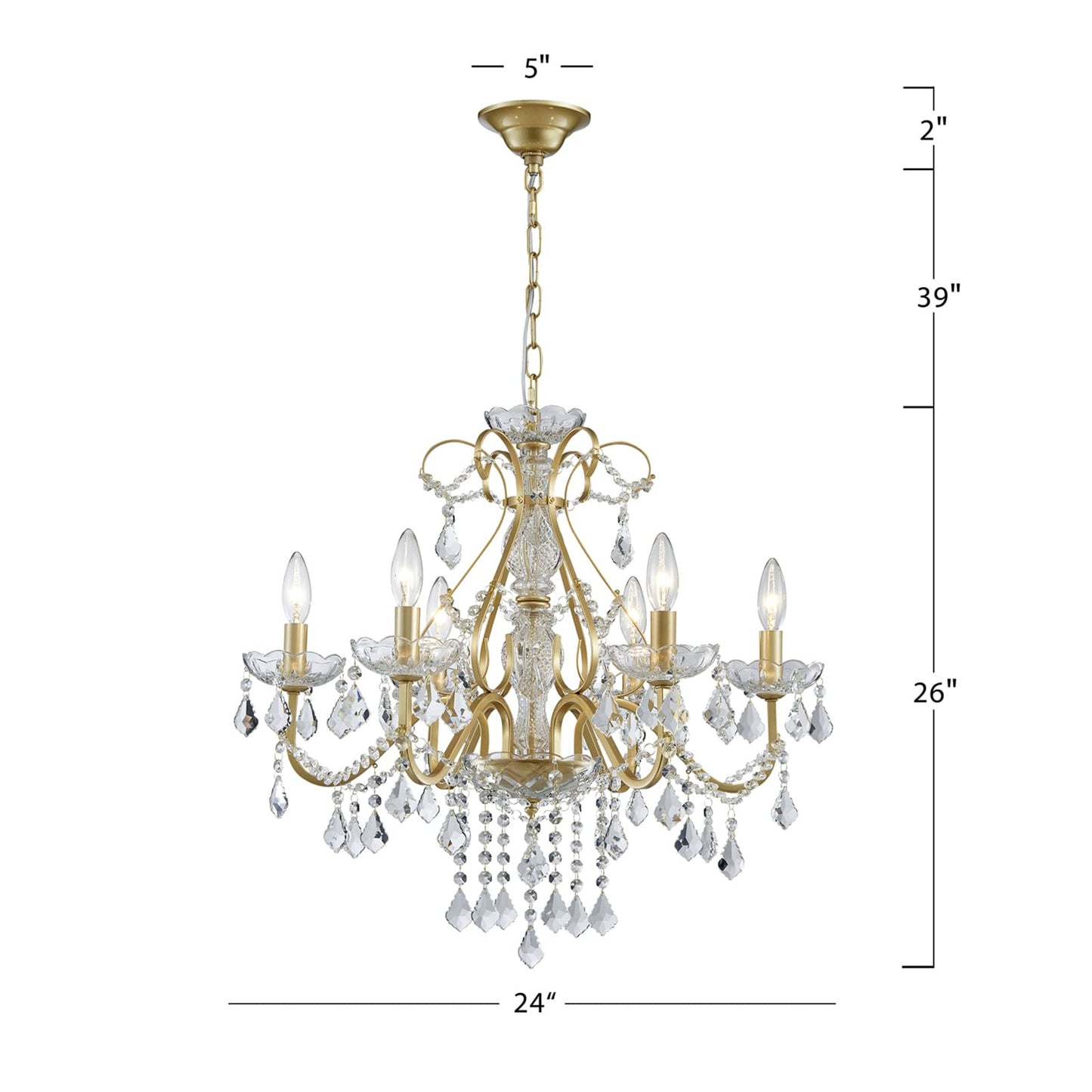 Bestier Gold Vintage Candle Chandelier Lighting Fixture for Dining Room, 6 E12 Bulbs Required, D24in x H26in