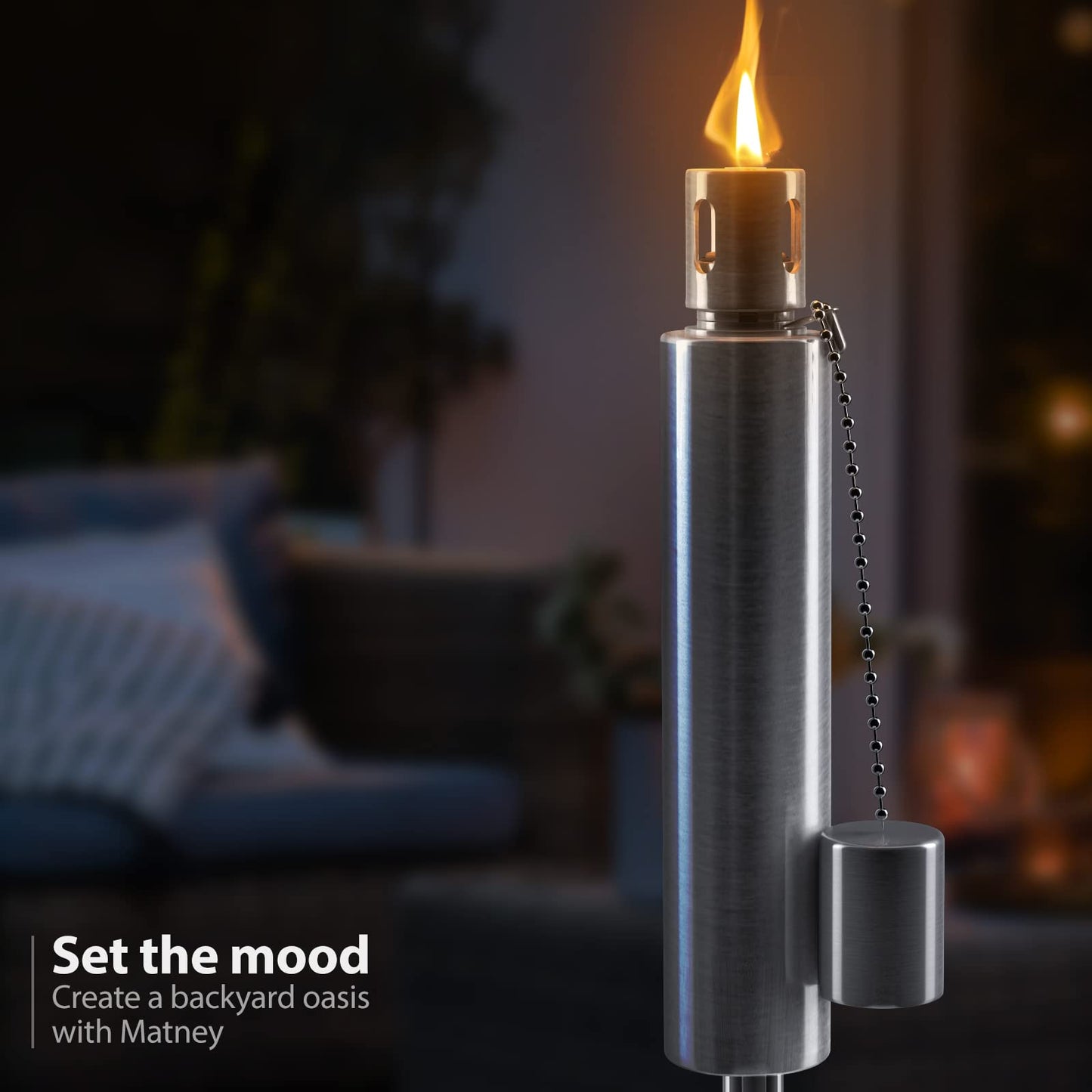 Matney Stainless Steel Outdoor Torches - Set of 2 - 5 ft Oil Lamp with Fiberglass Wick - Decorative Garden Lights