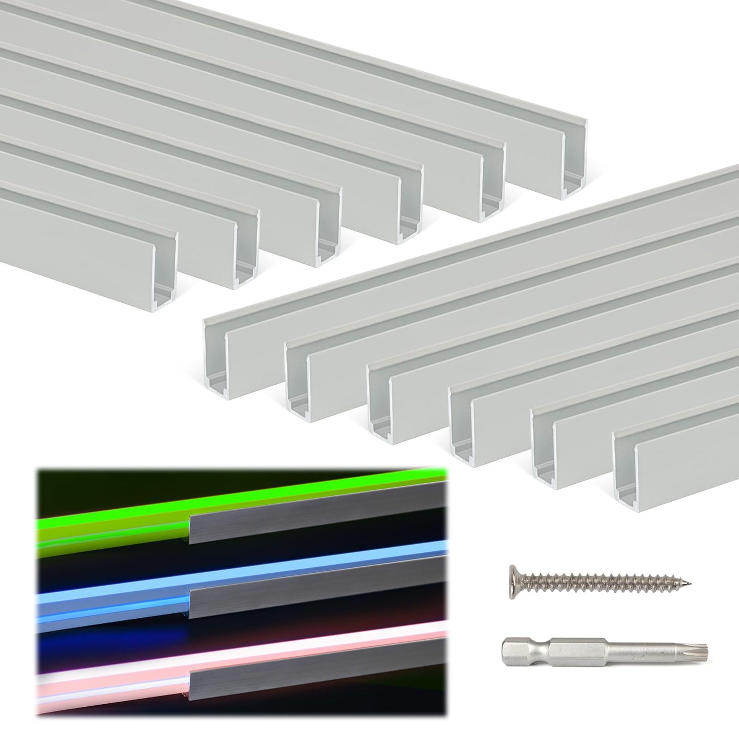 Muzata Rope Lights Track, Aluminum U Shape, Fits 6mm Width, 12 Pack, Silver, Model MZZ1933