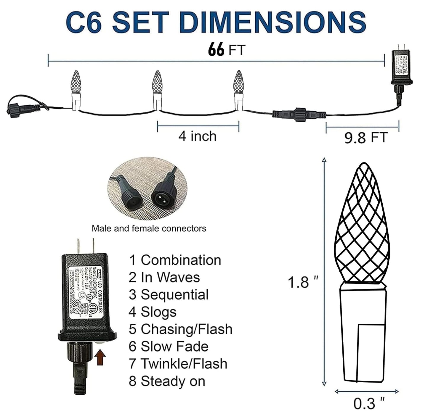Dazzle Bright C6 Christmas String Lights, 200 LED, 66 FT, Waterproof, 8 Modes, Multicolor, Model HB-300COI