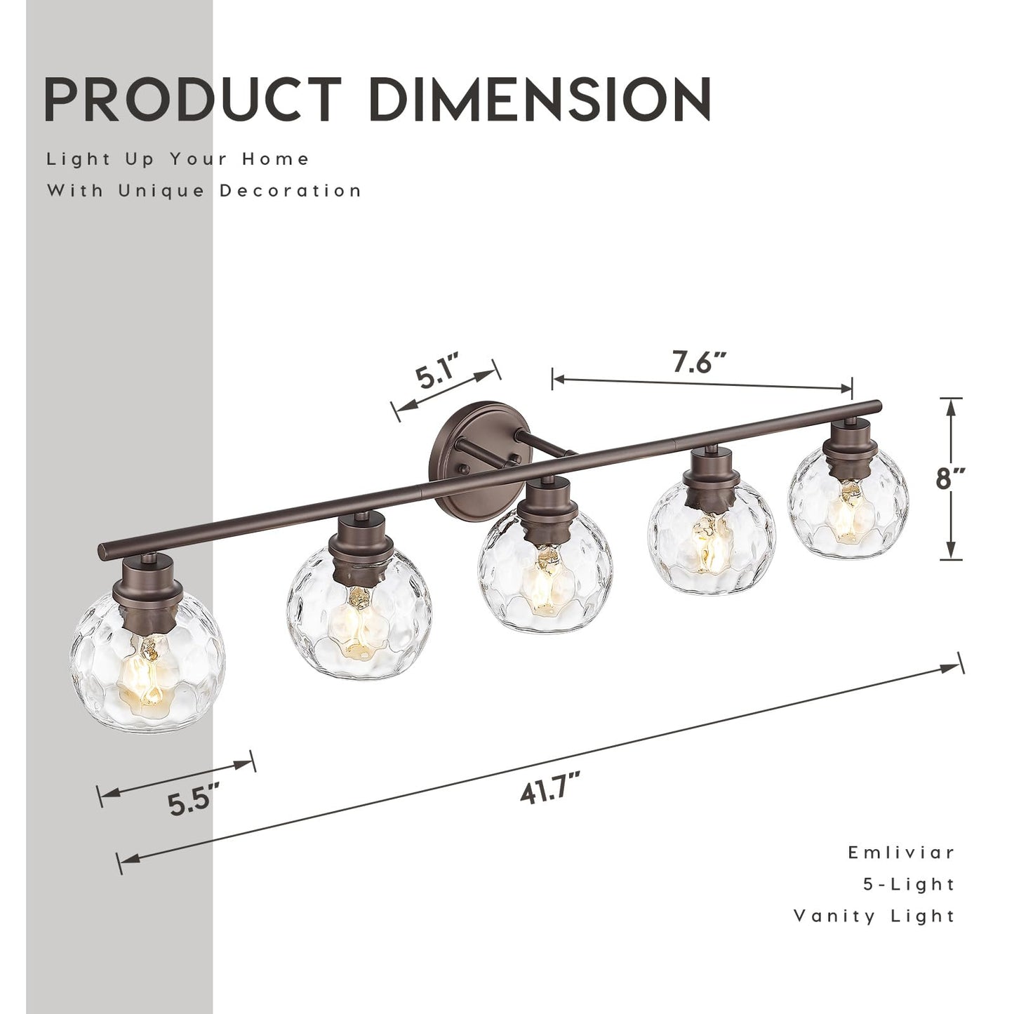 Emliviar 5-Light Rustic Vanity Wall Lighting, Water Ripple Glass, Oil Rubbed Bronze Finish, 41.7 Inch, Model YE295B