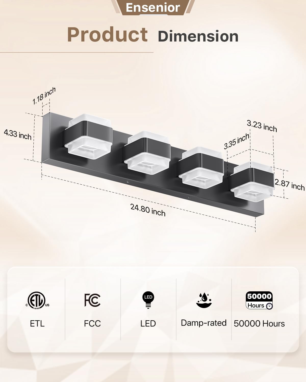 Ensenior Bathroom Vanity Light Fixture 4-Light Dimmable 24.8-Inch Black Stainless Steel Model JQ1-4T-BL-YH-02