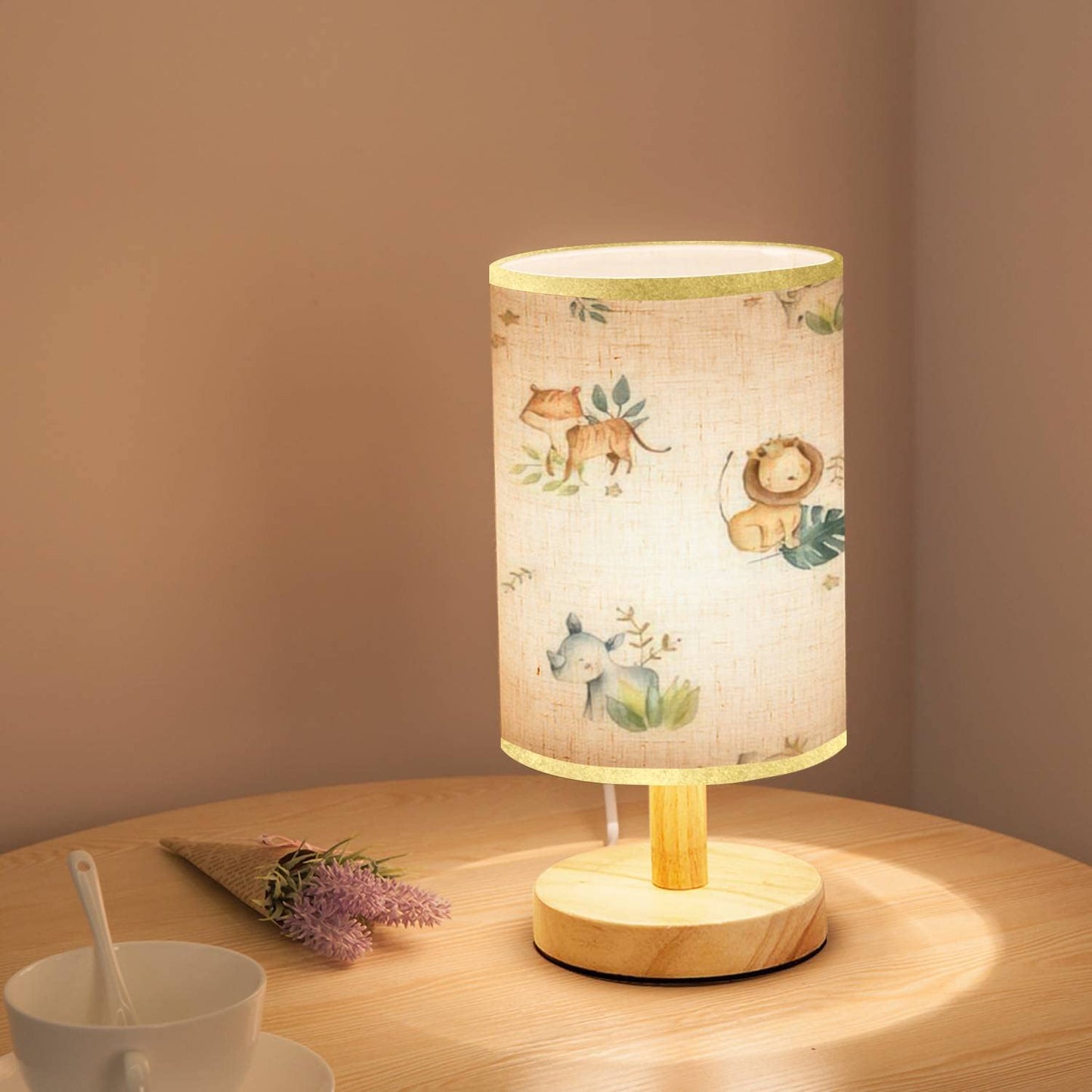 LOPYEIJFG Bedside Table Lamp, Wood Base, Flaxen Fabric Shade, 5.5x11inch, Cute Safari Animals Design