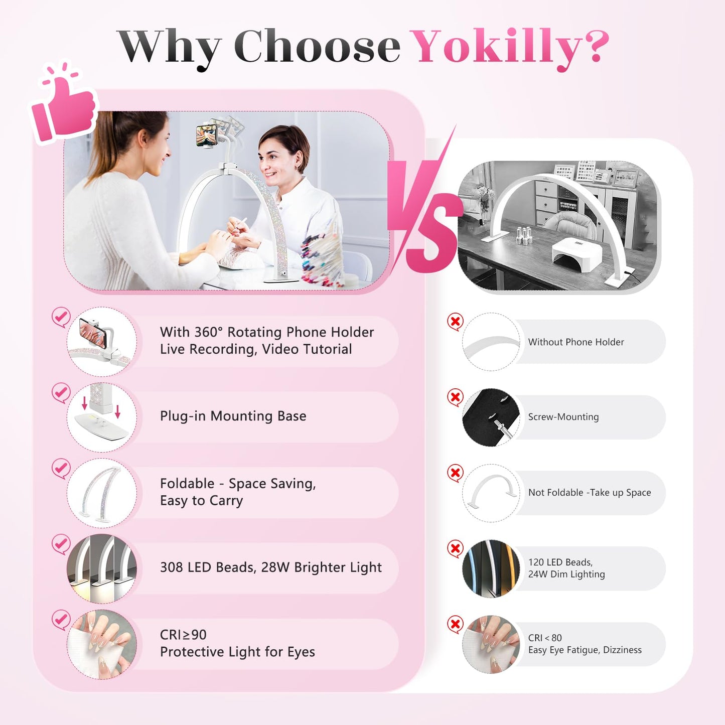 Yokilly Half Moon Nail Desk Lamp - 23in Foldable with Phone Holder, 3 Color Modes, 10 Brightness Levels, Small, Crystal Diamond