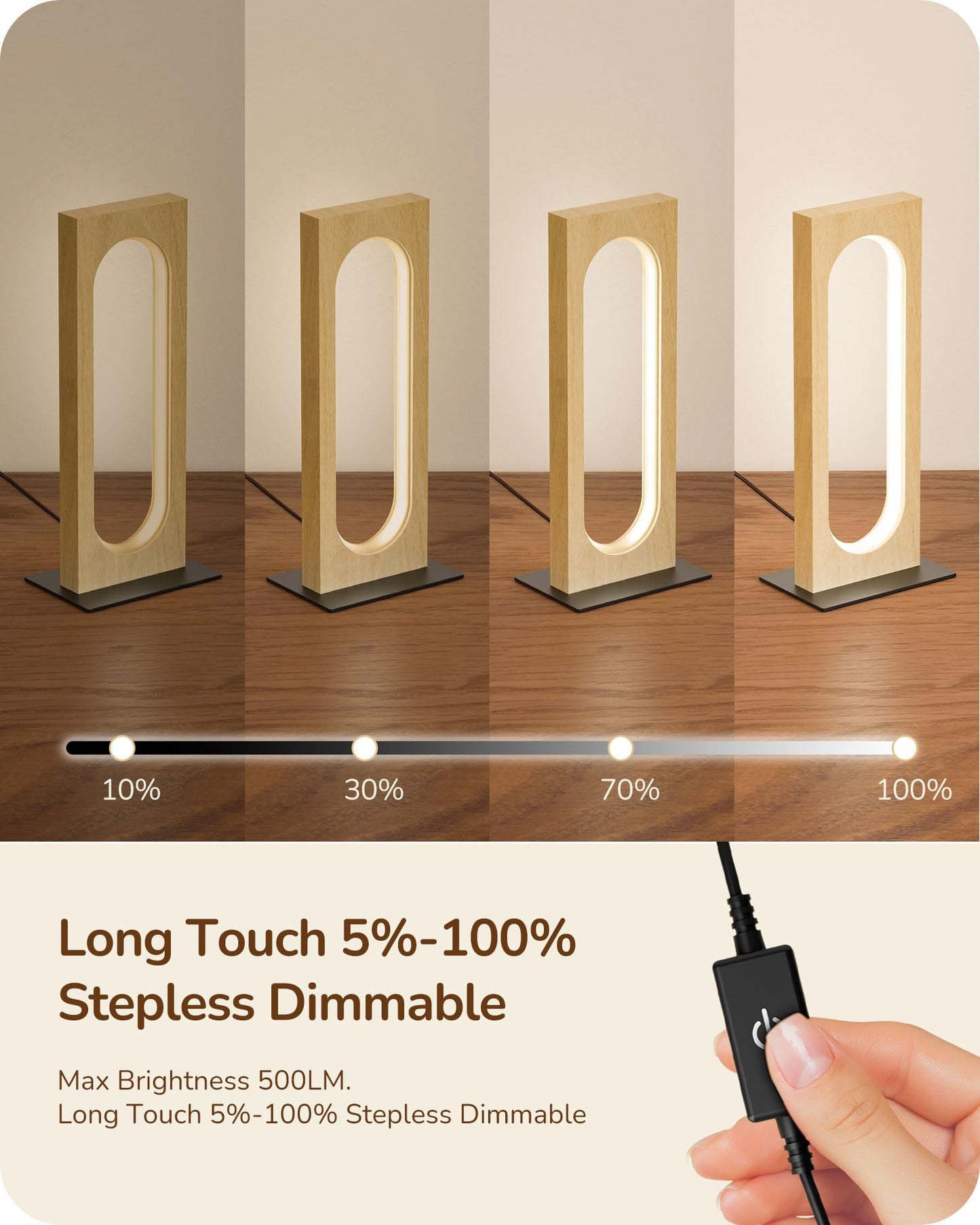 EDISHINE LED Table Lamp, Dimmable Touch Control, 3 Color Temperatures, Wooden Nightstand Lamp, Light Wood Color
