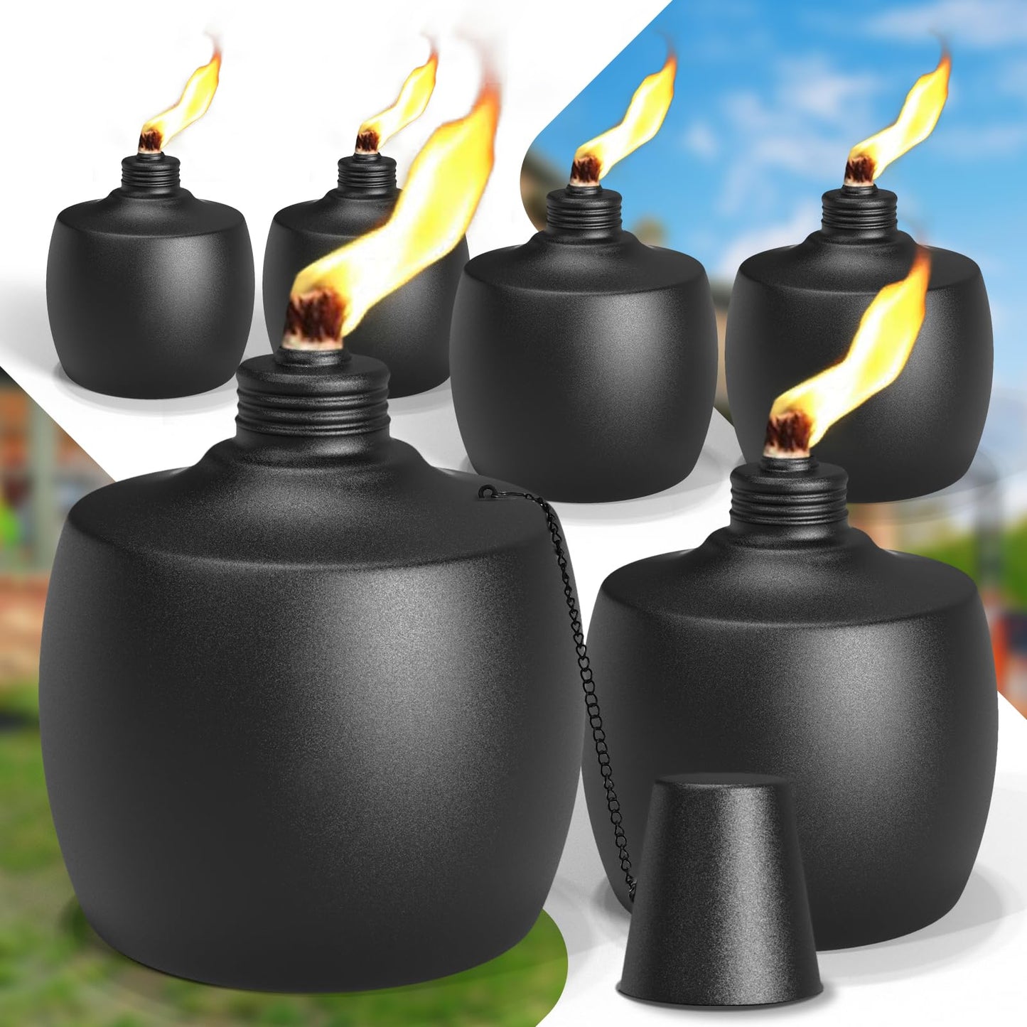 FALBAWR Citronella Tabletop Torches, 21.5 oz, Black, 6-Pack, Metal Oil Burner Candles for Outdoor Use