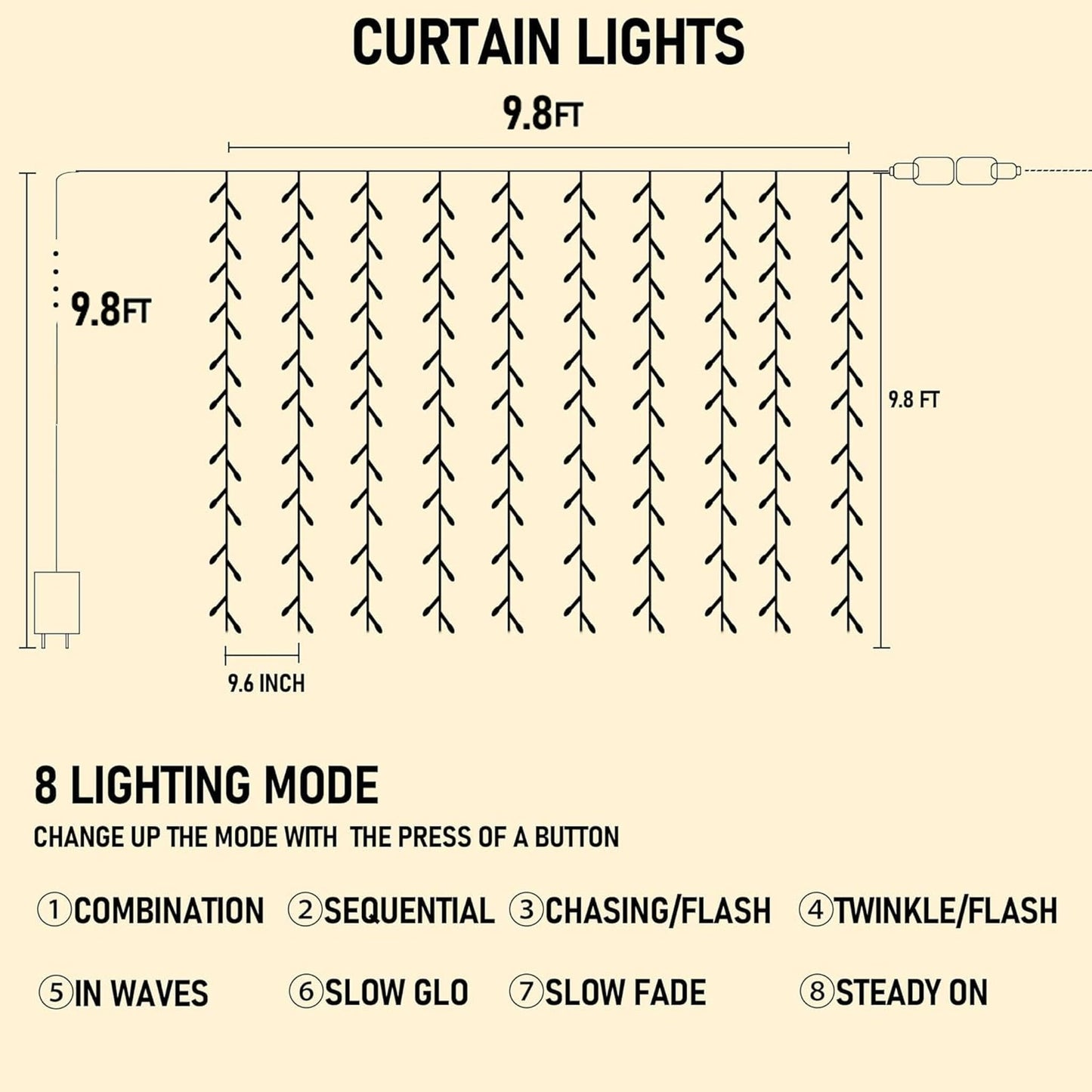 Dazzle Bright 300 LED Curtain String Lights, Connectable Waterproof, 8 Modes, Multicolor, Model CL-300CC