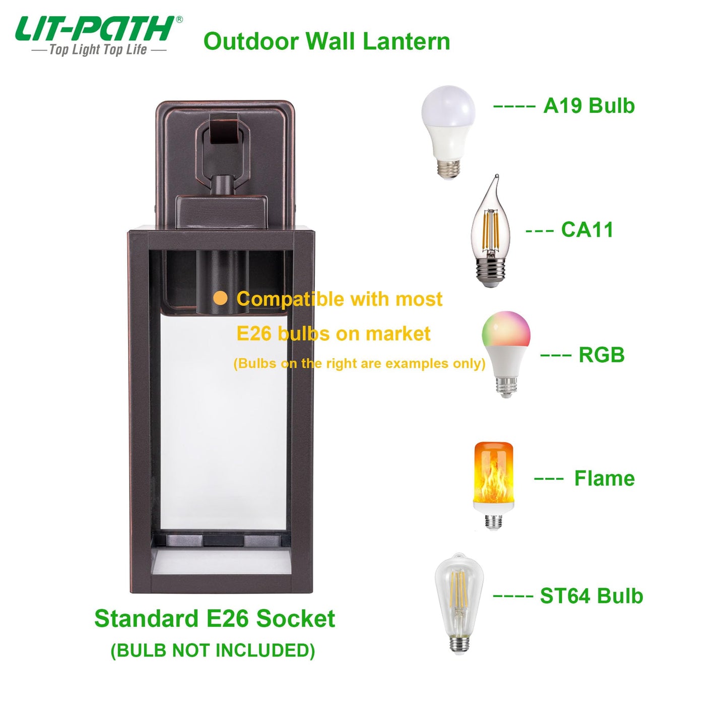 LIT-PaTH Outdoor Wall Lantern, E26 Max 60W, Anti-Rust Metal, Glass Shade, Oil Rubbed Bronze, Model LT-WL025, 1-Pack