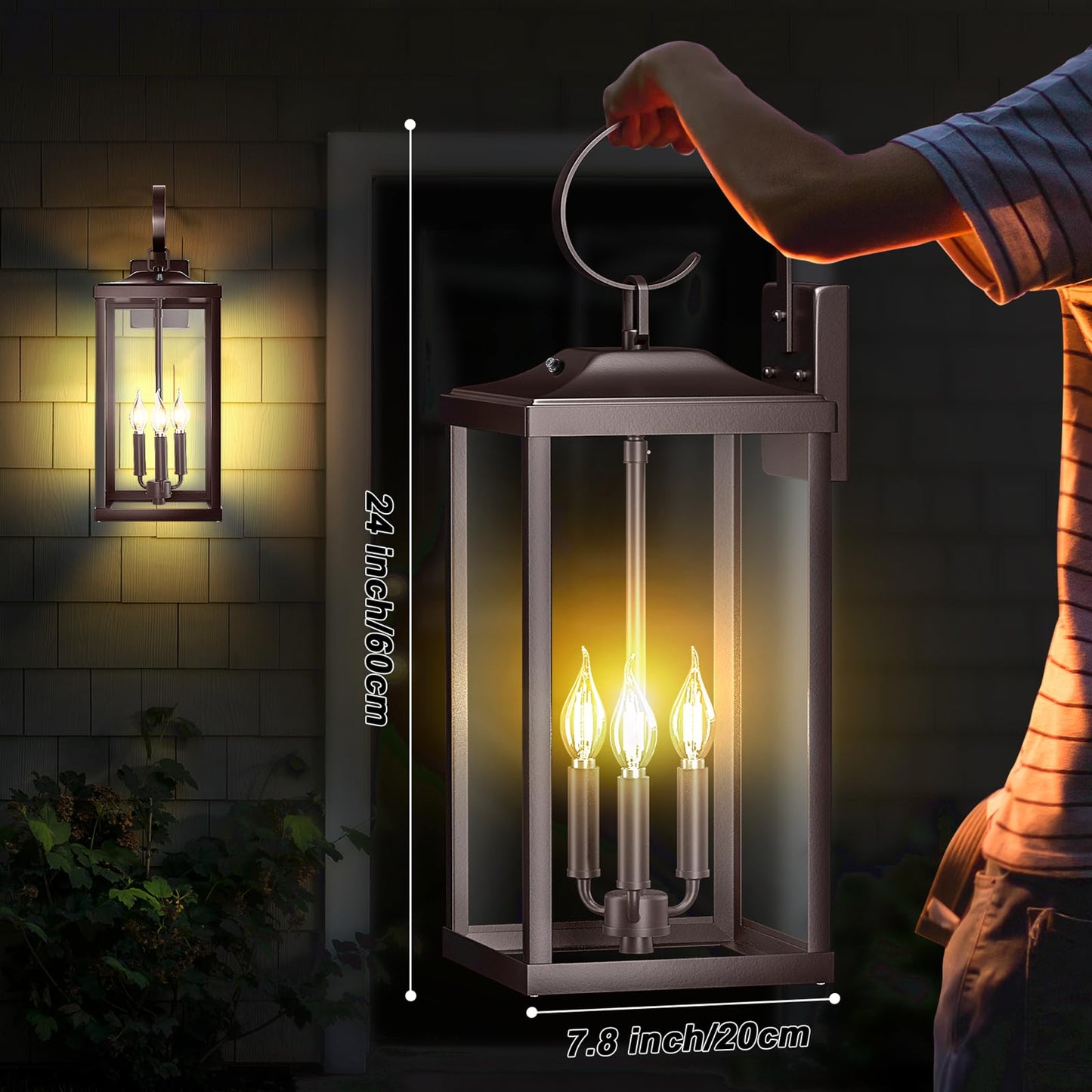 Yolsunes 3-Light Outdoor Wall Sconce, Waterproof Metal Lantern, 24in Extra Large, Oil Rubbed Bronze, 2-Packs
