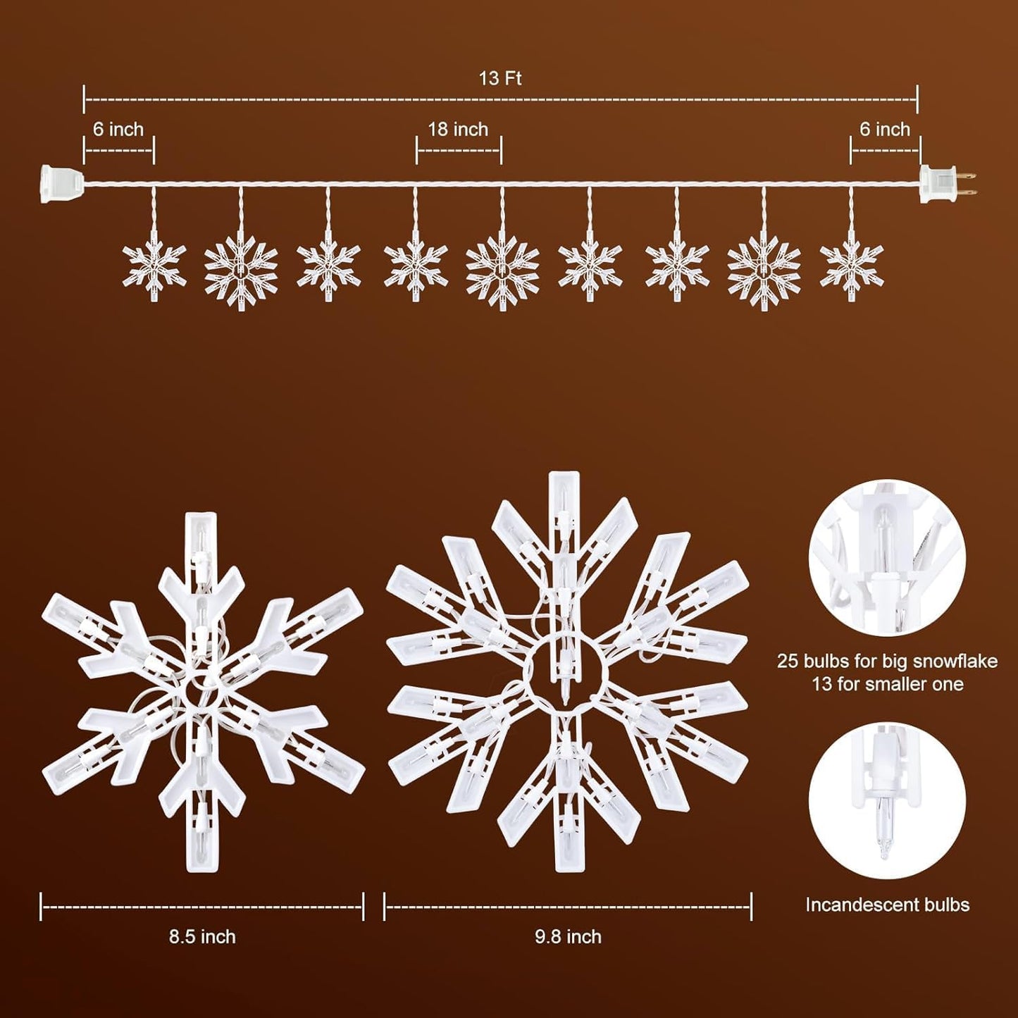 Minetom Snowflake Christmas String Lights - 13ft, 150 Mini Bulbs, Clear Plastic, 9 Drops, Plug-in Connectable, for Porch, House, Tree Decor