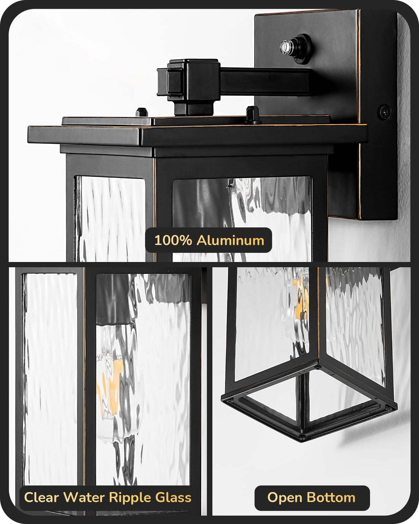EDISHINE Outdoor Wall Light, Modern Dusk to Dawn Fixture, Aluminum, Black, Clear Water Ripple Glass, Model HOWL06T
