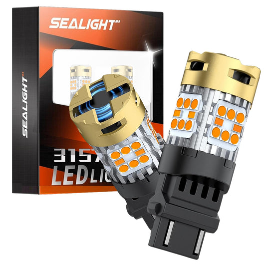 SEALIGHT LED Turn Signal Bulb, 3157 Size, Amber Yellow, Aluminum, Pack of 2, 1400% Brighter for Front Rear Signal Lights