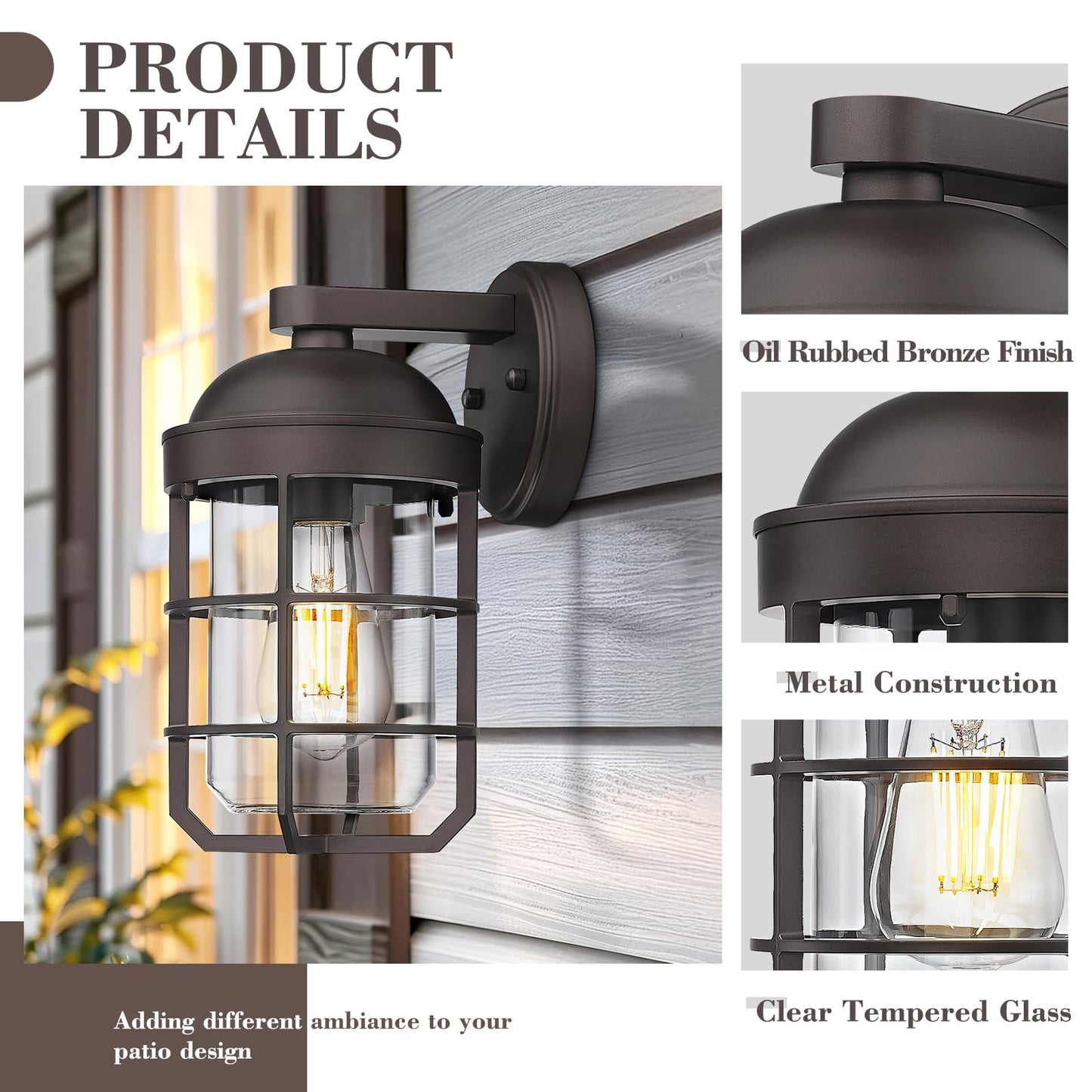 Emliviar Outdoor Wall Lamps 2 Pack, Waterproof Vintage Lighting, 11.3 Inch, Oil Rubbed Bronze with Clear Tempered Glass, Model GE255BL-2PK ORB