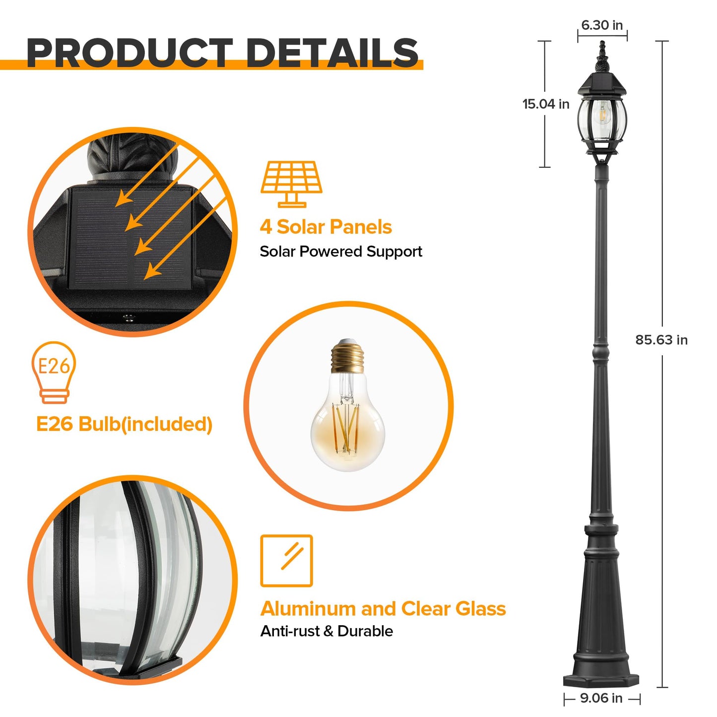 LUTEC Solar Lamp Post Light, Waterproof Dusk to Dawn Fixture, Aluminium, Black, Single head+post, Model 6920301012