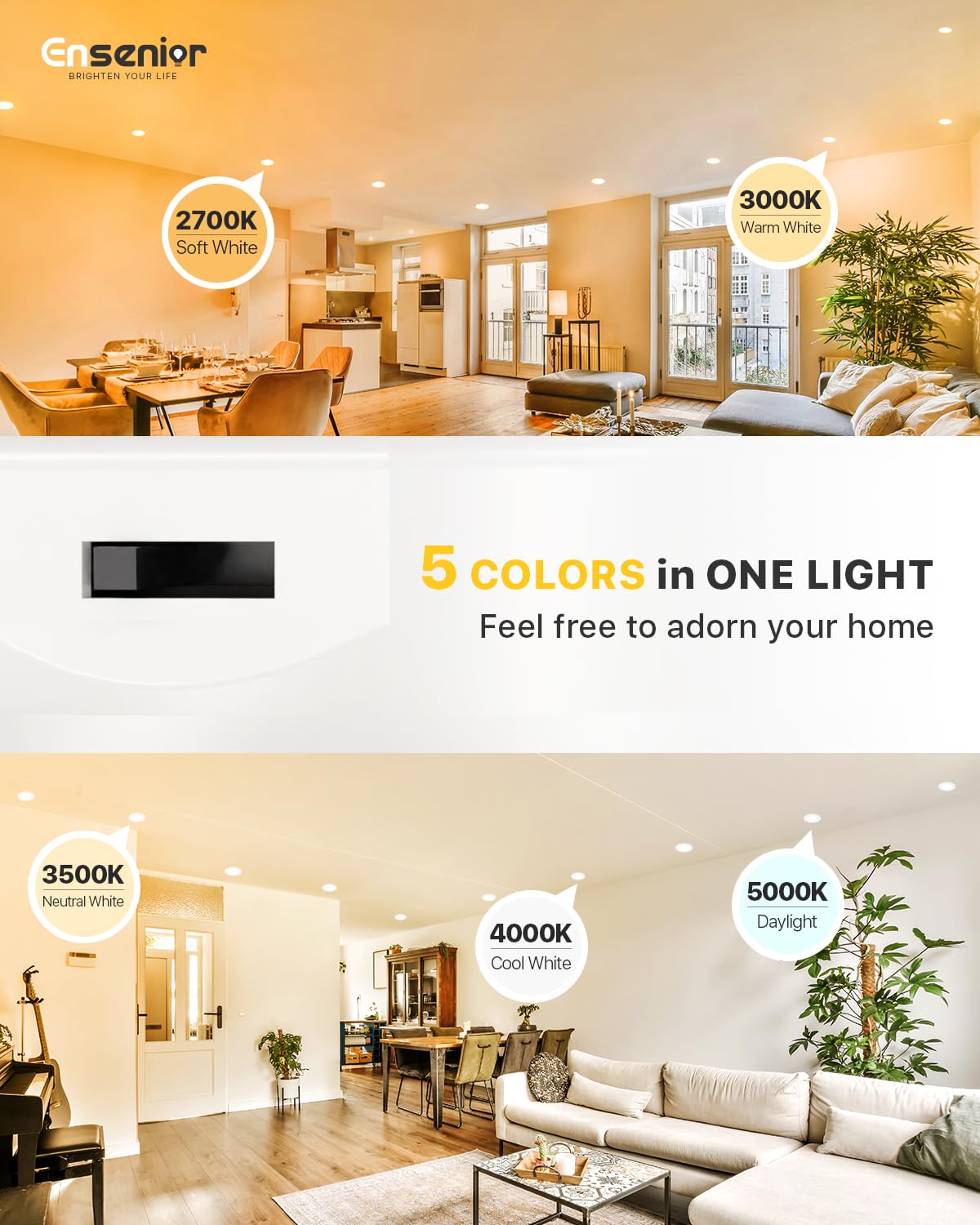 Ensenior 4 Inch Dimmable LED Can Lights, 5CCT Adjustable Color Temperature, 700LM, Model XY4-4I-5CCT, IC & Damp Rated,