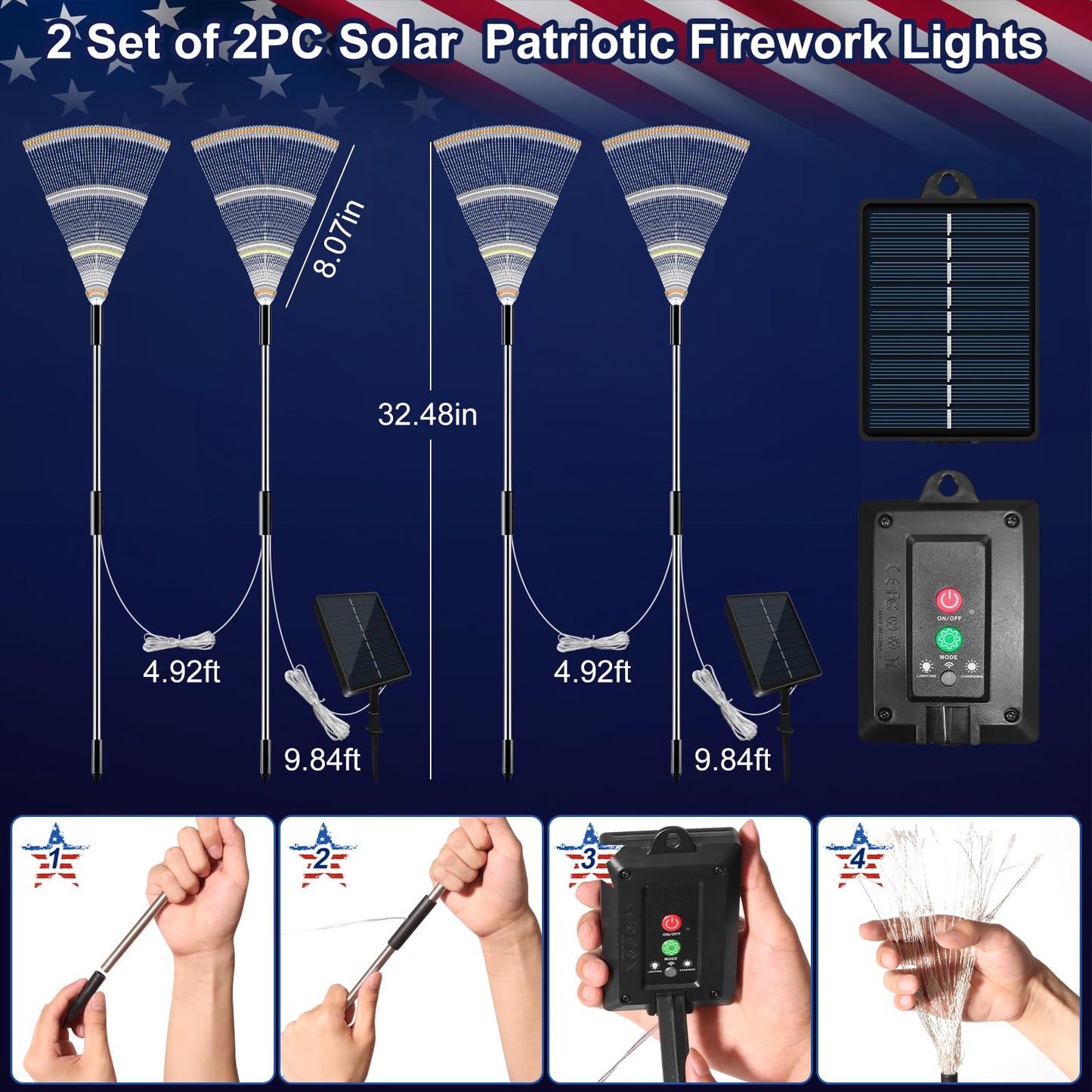 JORETLE Solar Firework Lights, 180 LED, 8 Modes & Timer, 2 Sets of 2 Pieces, Red White Blue, Outdoor Decorations for 4th of July