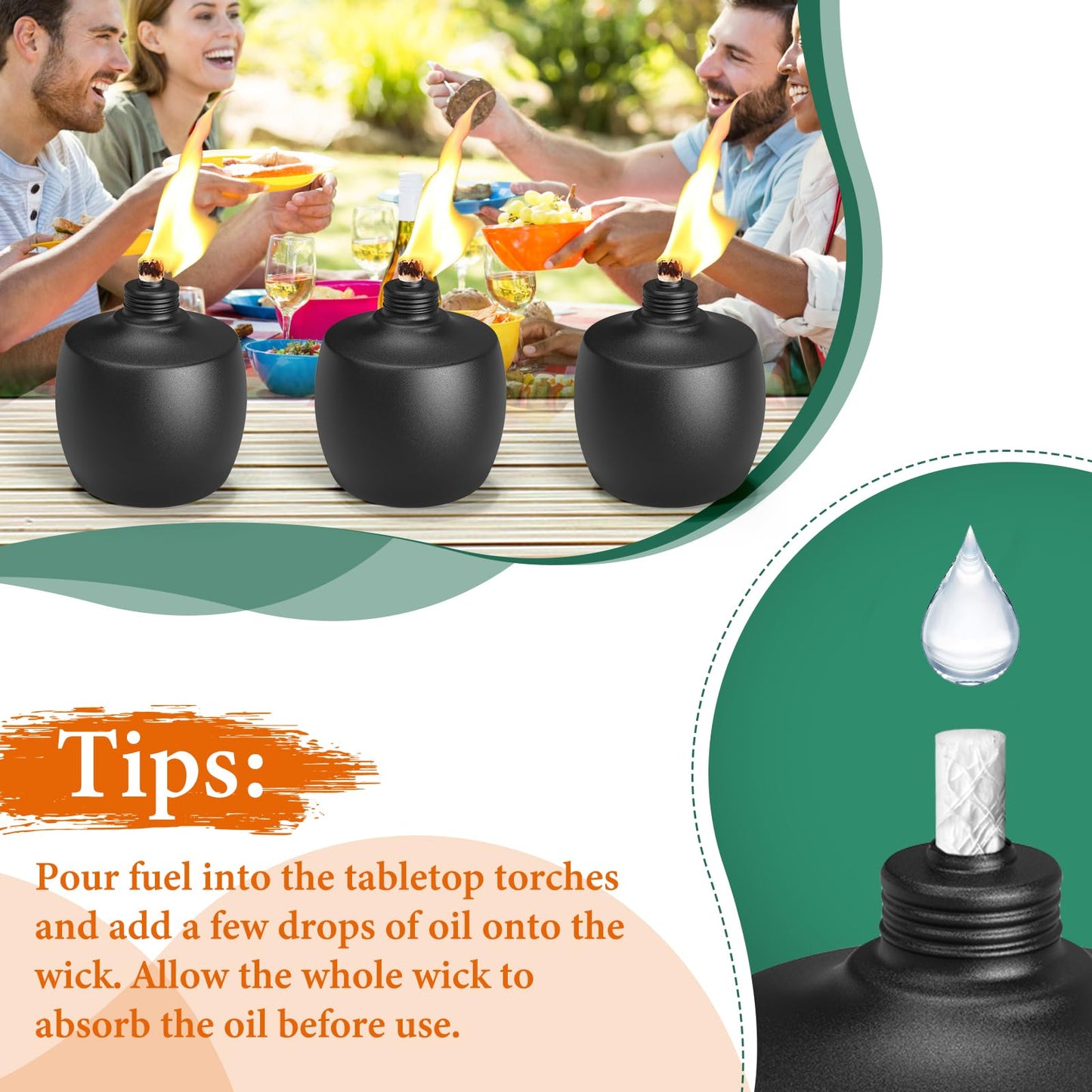 MQKIWAO 4-Pack Citronella Tabletop Torches, 21 oz Metal Oil Burner Candles for Outdoor Use, Black, Model ZMYG-4P