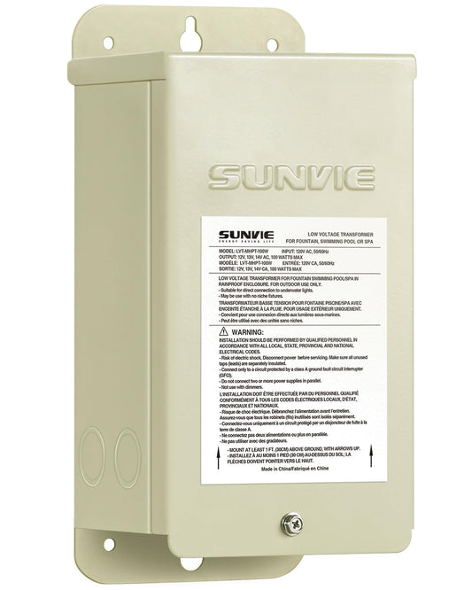 SUNVIE 100W Pool Light Transformer, 120V to 12V/13V/14V AC, Weatherproof, Stainless Steel, Beige, Model LVTPLT100W