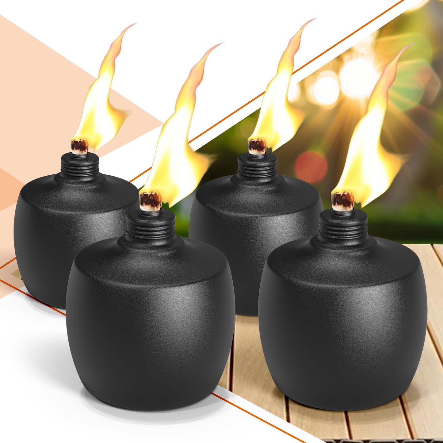 MQKIWAO 4-Pack Citronella Tabletop Torches, 21 oz Metal Oil Burner Candles for Outdoor Use, Black, Model ZMYG-4P
