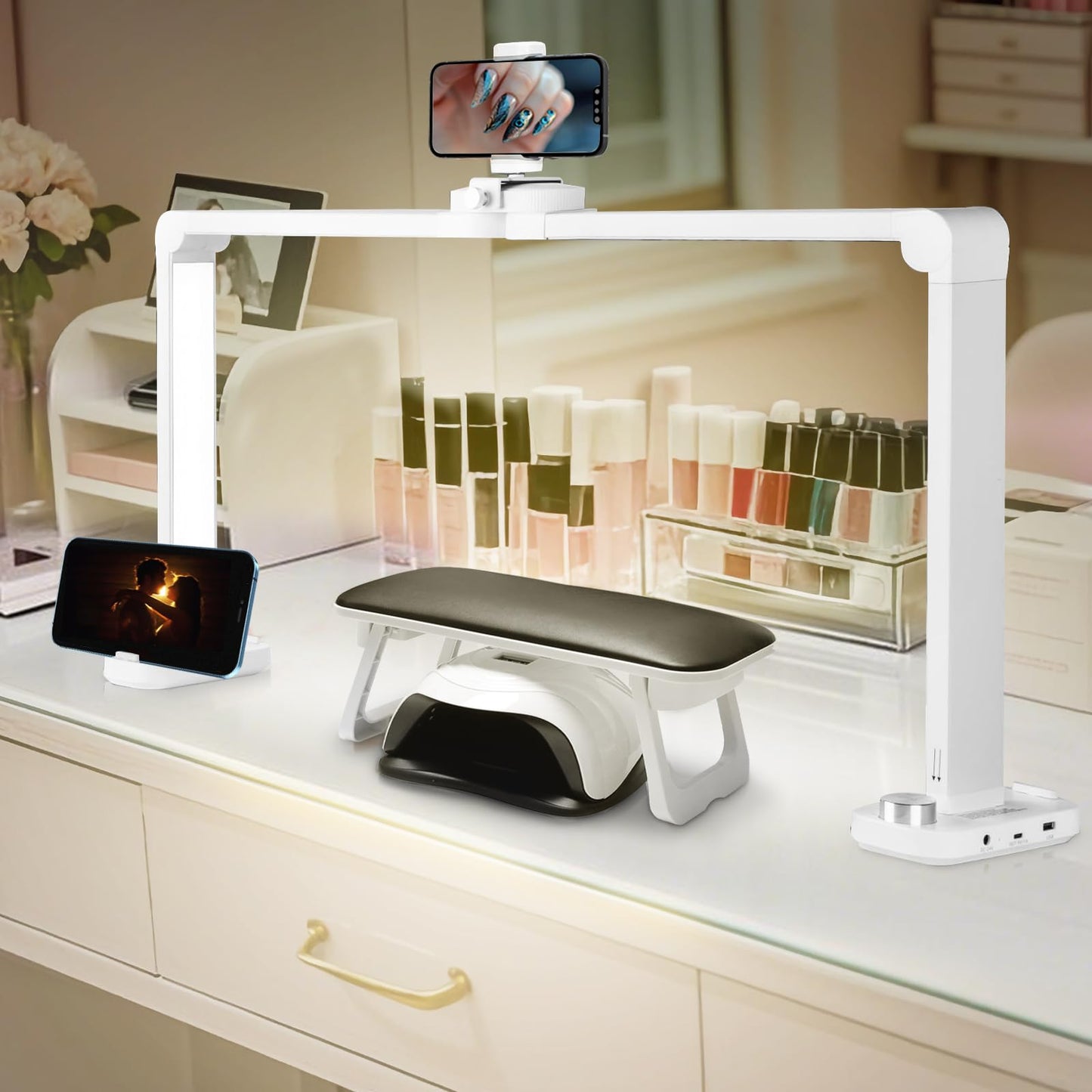 CGBE Nail Table Light - 33.5in Desk Light with Phone Holder, 456 LED, 3 Colors, 10 Brightness Levels, Aluminum, White, Model F800E
