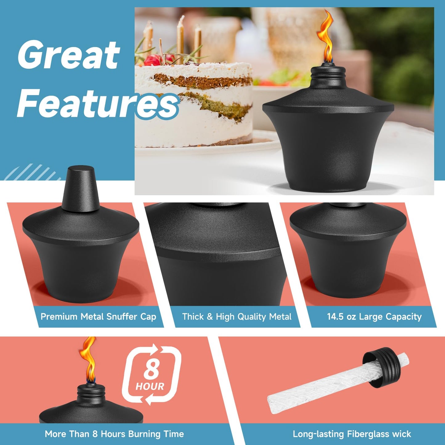 FALBAWR Citronella Tabletop Torches, 14.5 oz Metal Oil Burners, Black, 4-Pack, Fiberglass Wick for Outdoor Use