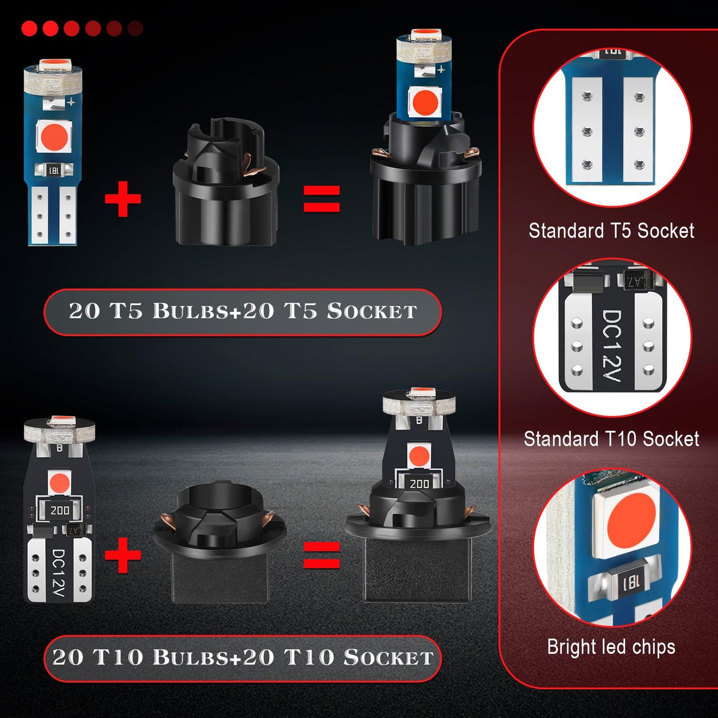 BBTO LED Dashboard Bulbs, 40 Pieces T5 T10 Twist Socket Lights, Red, for Car Interior and Instrument Panel