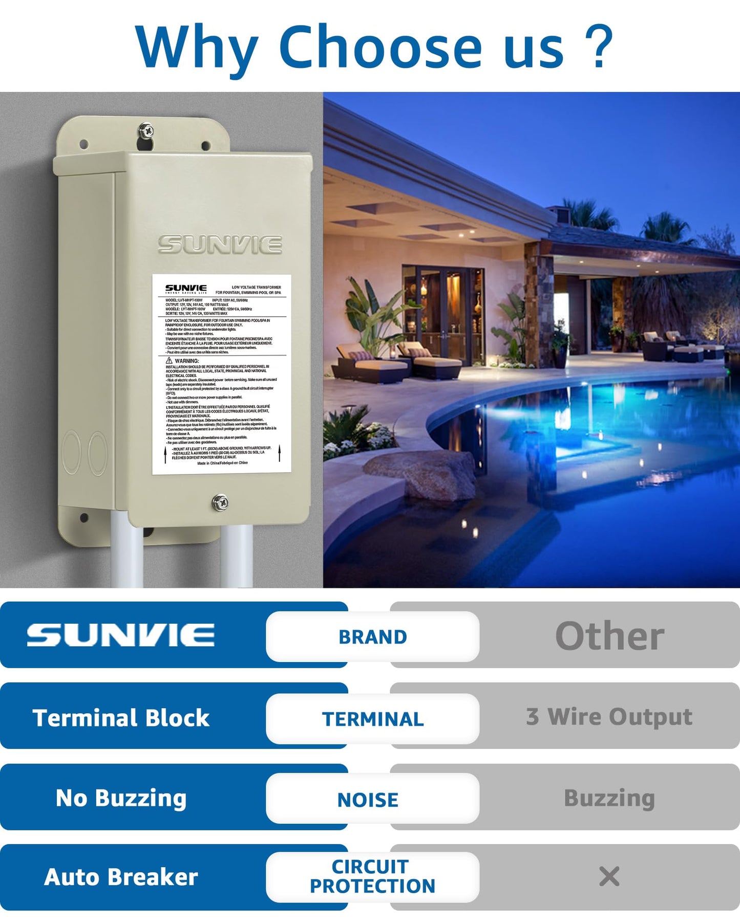 SUNVIE 100W Pool Light Transformer, 120V to 12V/13V/14V AC, Weatherproof, Stainless Steel, Beige, Model LVTPLT100W