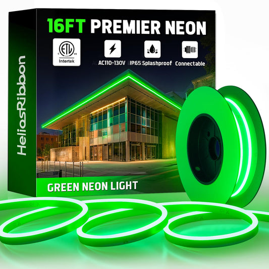 HeliosRibbon 16FT Green LED Neon Rope Lights, Waterproof, Flexible, ETL Listed, Connectable, Model HR-MNEON-GREEN-5M