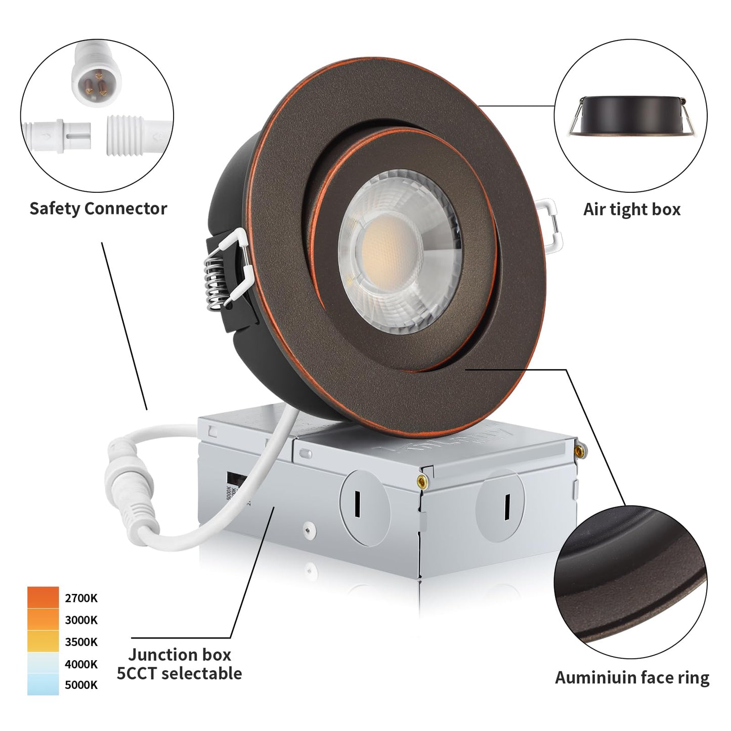 KnLnny Ware LED Recessed Lights 4 Inch, Oil-Rubbed Bronze, Dimmable, 9W 750LM, 6 Pack, Adjustable Eyeball Gimbal,