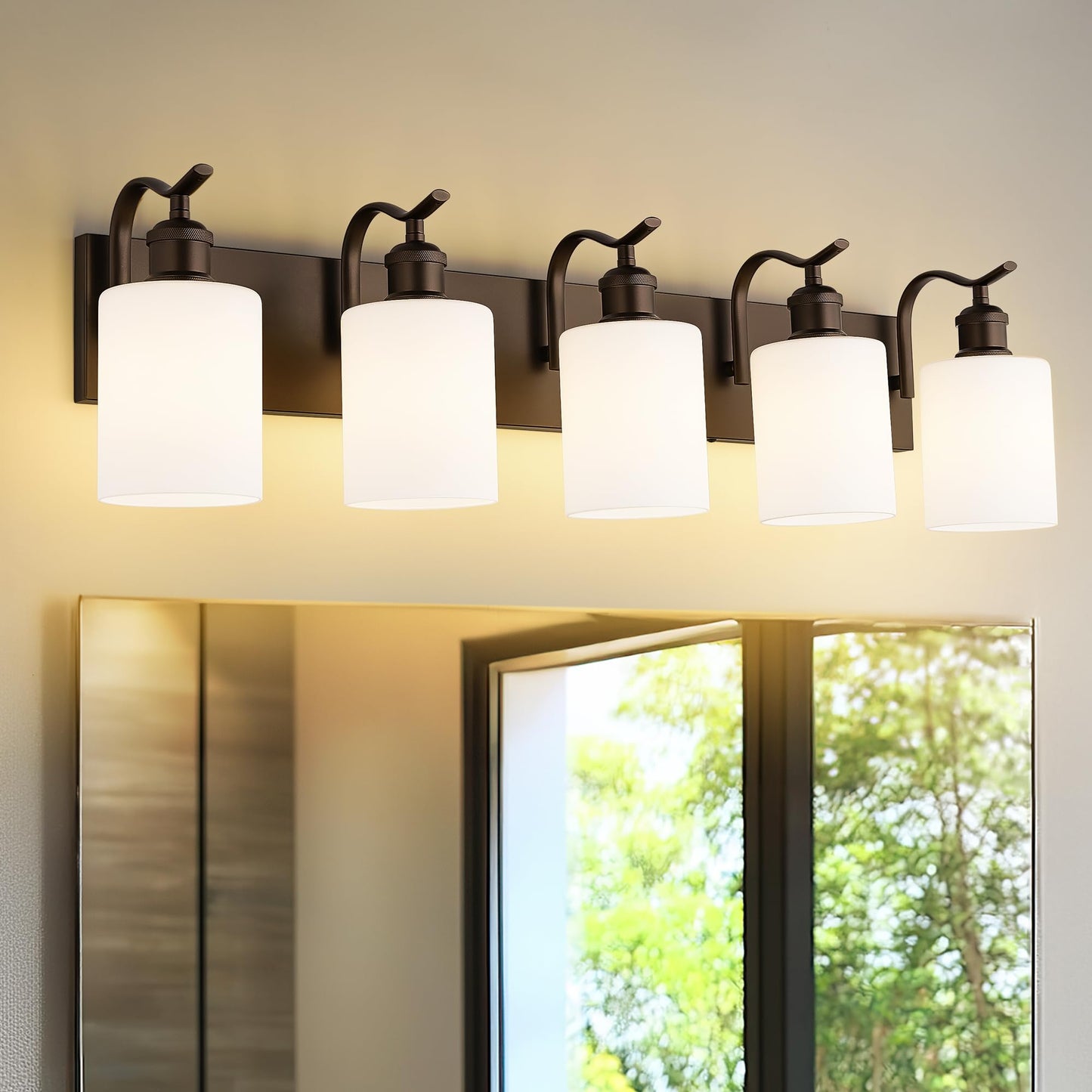 JAZAVA 5 Light Bathroom Vanity Light Oil Rubbed Bronze Metal Wall Sconce with Milky White Frosted Shade Model ZCVL01ORBW-5