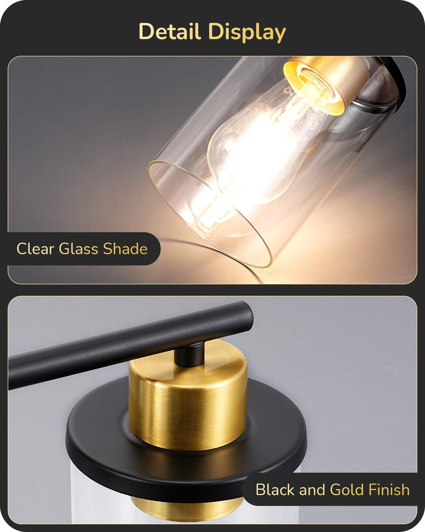EDISHINE 3-Light Bathroom Vanity Light Fixture, Metal, Black and Gold, Model HHVL04H, Clear Glass Shade