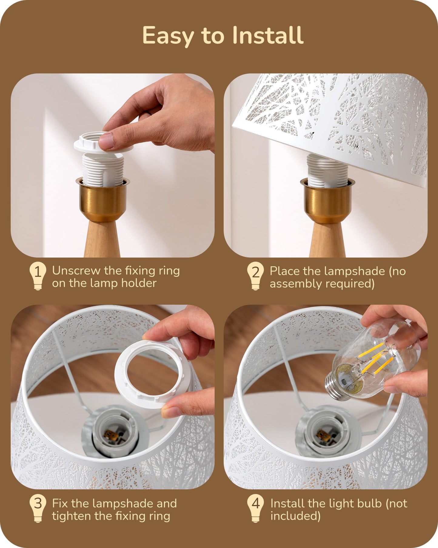 EDISHINE Small Table Lamp, Wooden Bedside Lamp with Iron Lampshade, Light Wood Color, E26 Socket, ON-Off Switch