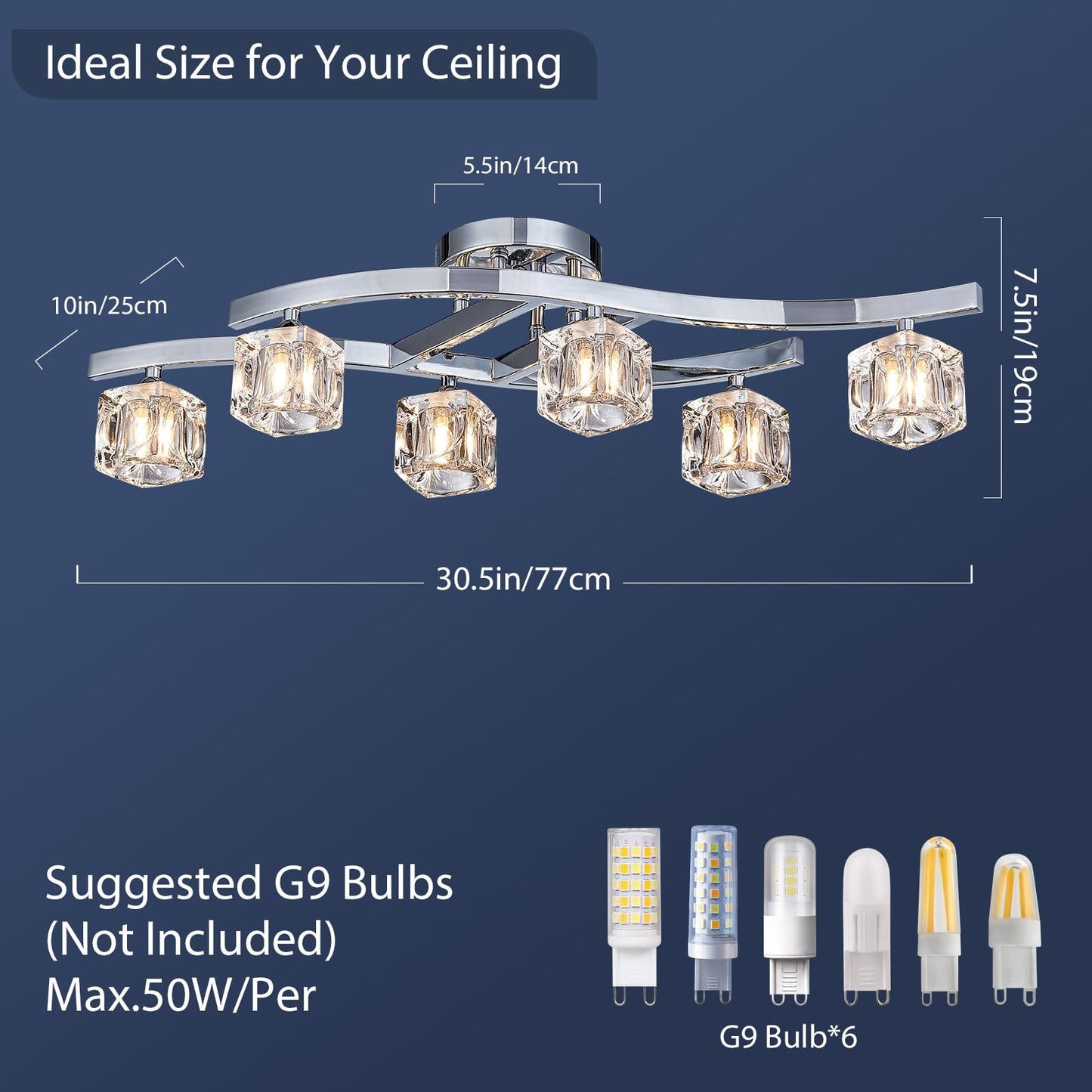 Bestier 6-Light Chrome Flushmount Chandelier, 30.5in L x 10in W x 7.5in H, Modern Elegant Glass Crystal Design, Model AK-AJ-