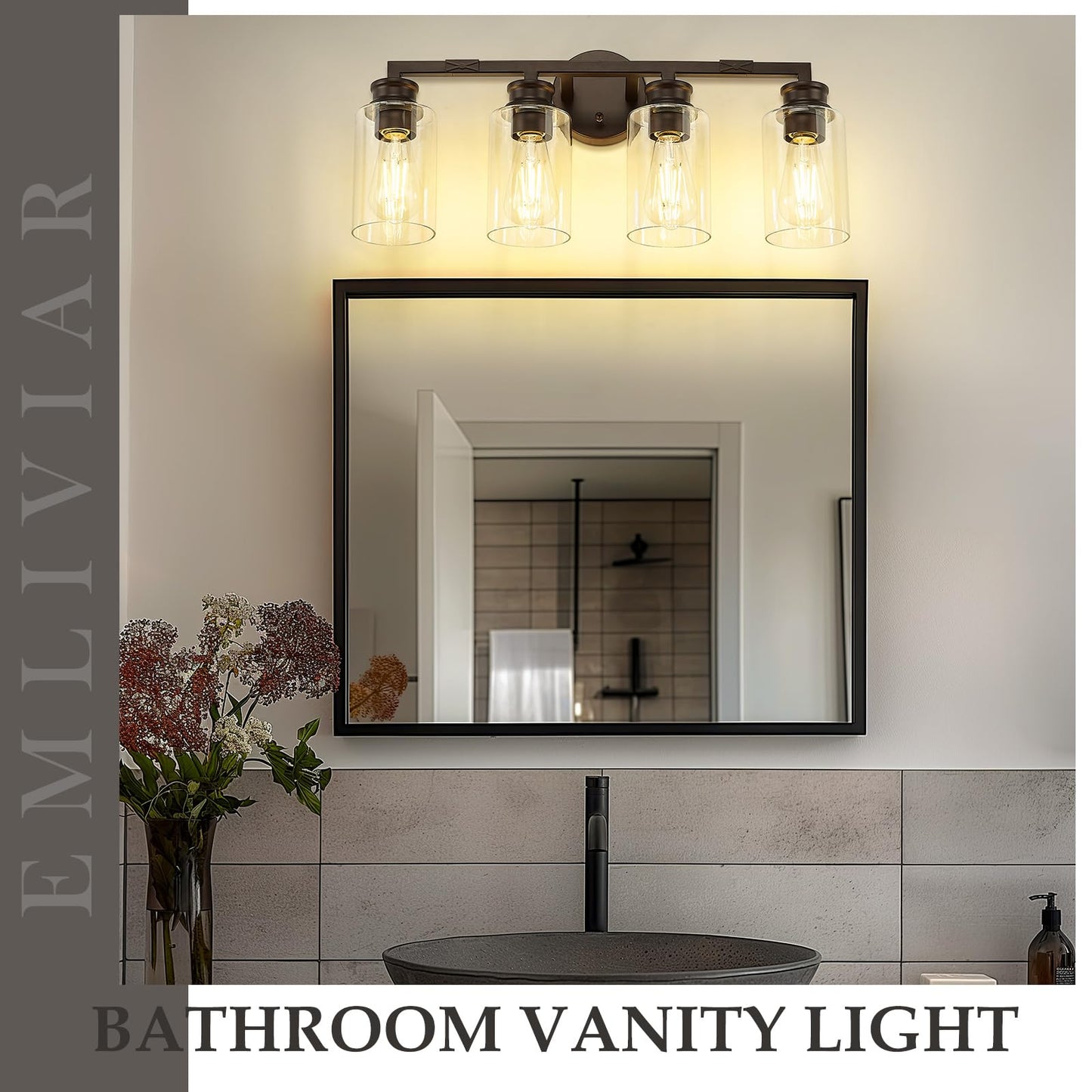 Emliviar 4-Light Vanity Light, Oil Rubbed Bronze Finish, Clear Glass Shade, Model YCE253B-4W ORB