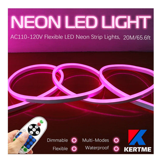 KERTME Neon LED Light Strip, Flexible Waterproof Dimmable, 65.6ft, Pink, Model Neon LED-P-20M