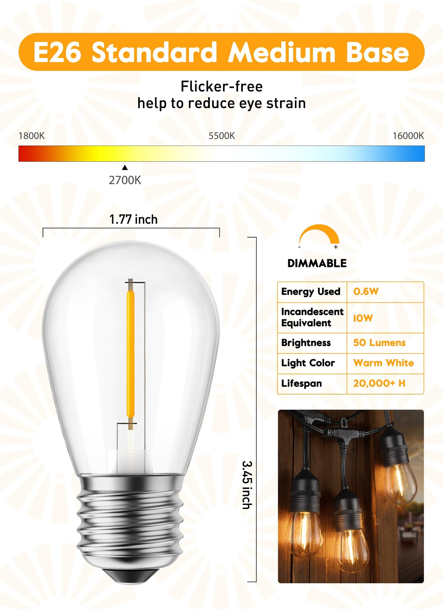 Minetom S14 Christmas Light Bulbs, 50 Pack, Glass, Waterproof, E26 Medium Base, Multicolor, 11 Watt