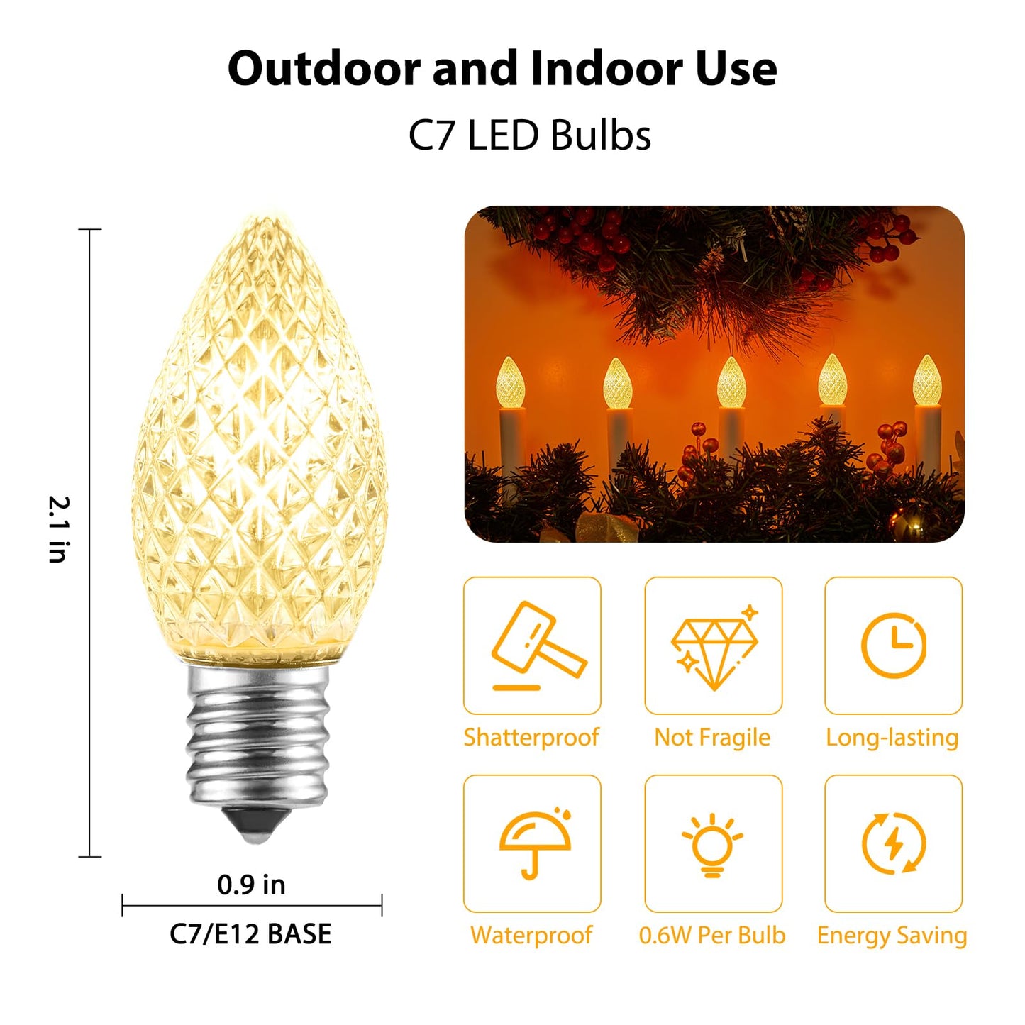 Minetom C7 LED Christmas Light Bulbs, Shatterproof, Dimmable, 50 Count, Warm White, E12 Candelabra Base