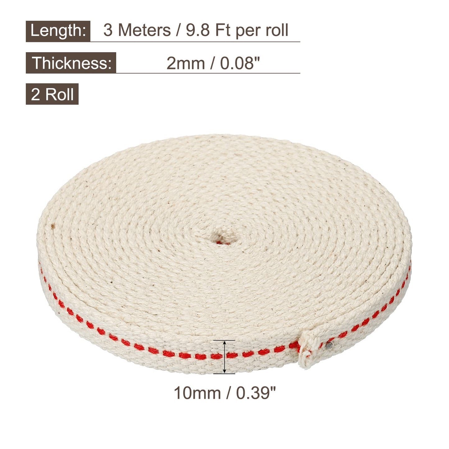 MECCANIXITY Oil Lamp Wick 0.4 Inch Flat Wide Cotton 10 Ft with Red Stitch, Model mea220517ee0485