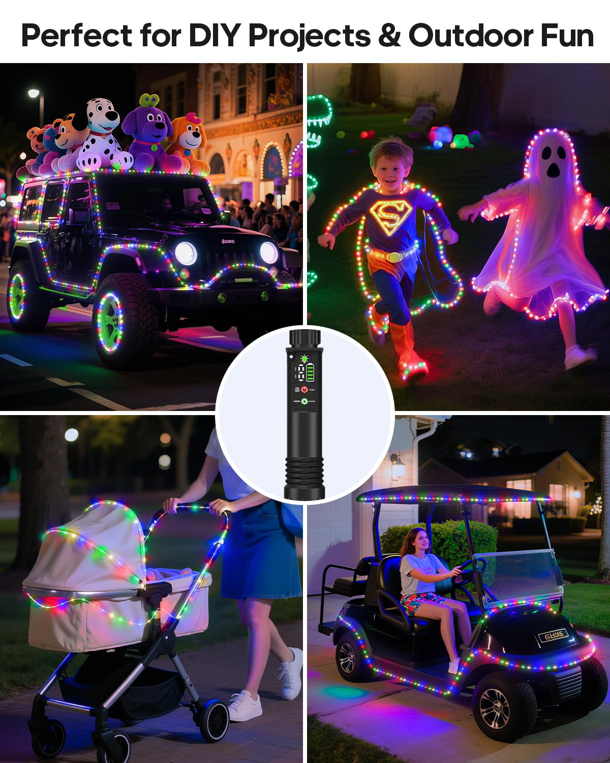 Soiarllt Rechargeable Rope Lights, Outdoor Waterproof String Lights, 39FT, Multicolor, 1200mAh Battery, 8 Modes, Model SLSL016