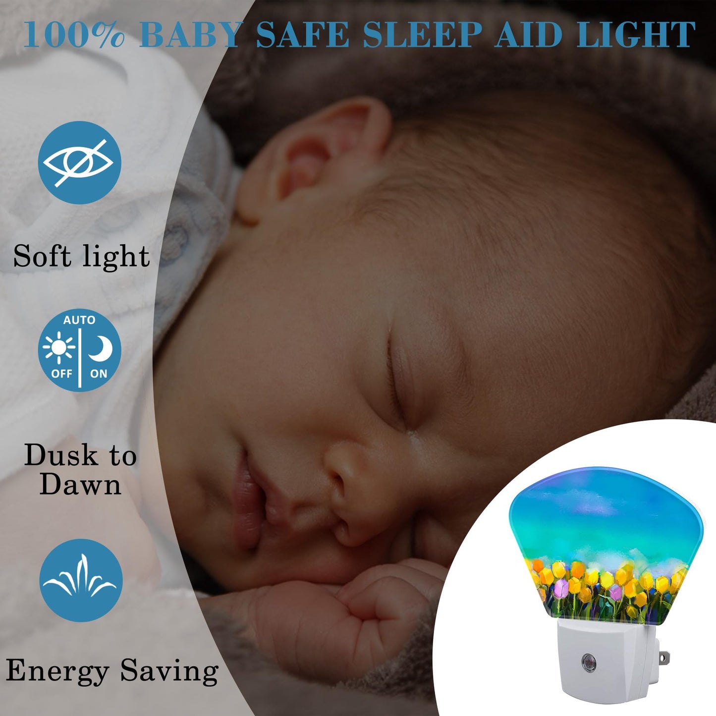 Uiaoiais LED Night Light, Tulips Flowers Oil discomfort-reducingting, Dusk to Dawn Sensor, Plug-in Wall Decor, Model Uia-SHAN-NEWA20