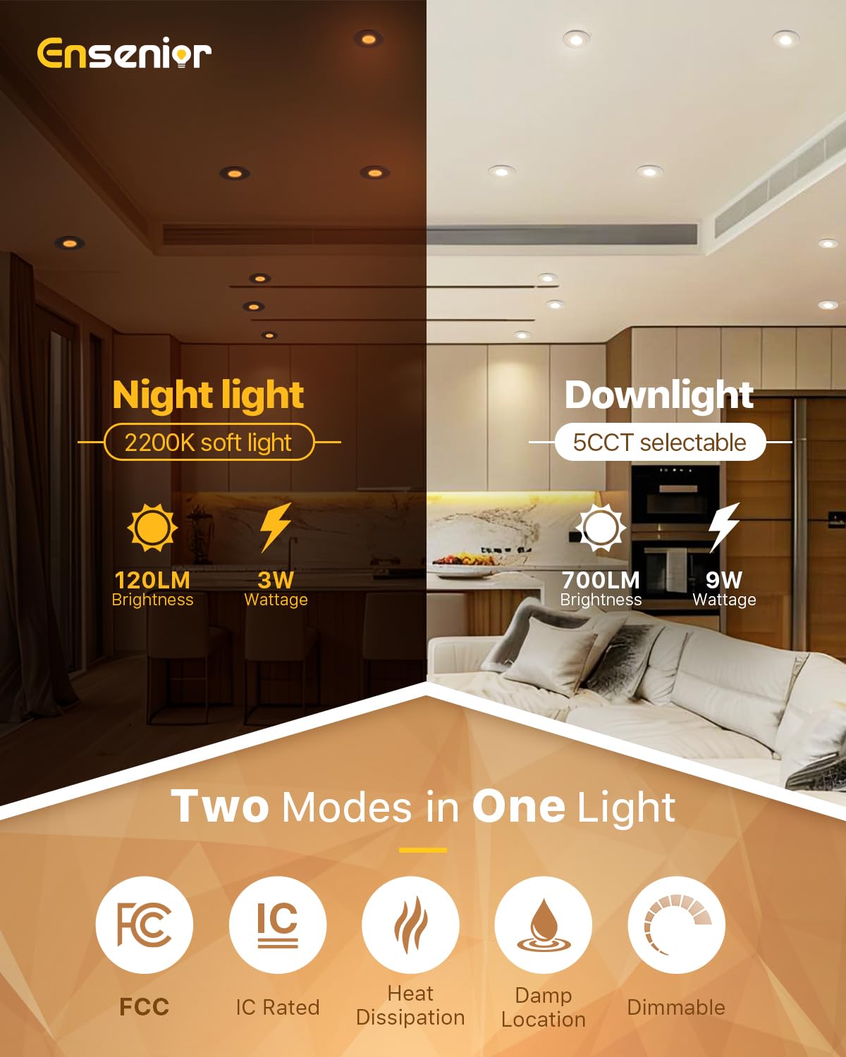 Ensenior 4 Inch Gimbal LED Recessed Light, Dimmable 2700K-5000K, 700LM, 6 Pack, FCC Certified, Model 769044