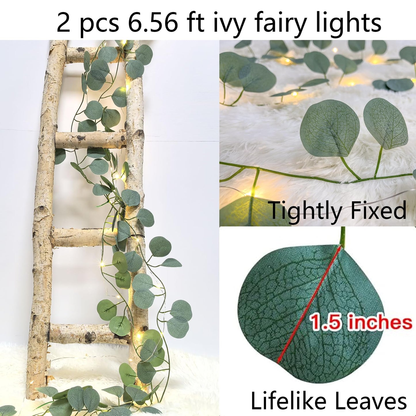 MVOVM 2 Pack Eucalyptus Garland with 20 LED Fairy Lights, Green, 6.6ft, Plastic, Indoor/Outdoor Decor for Bedroom, Party, Wedding