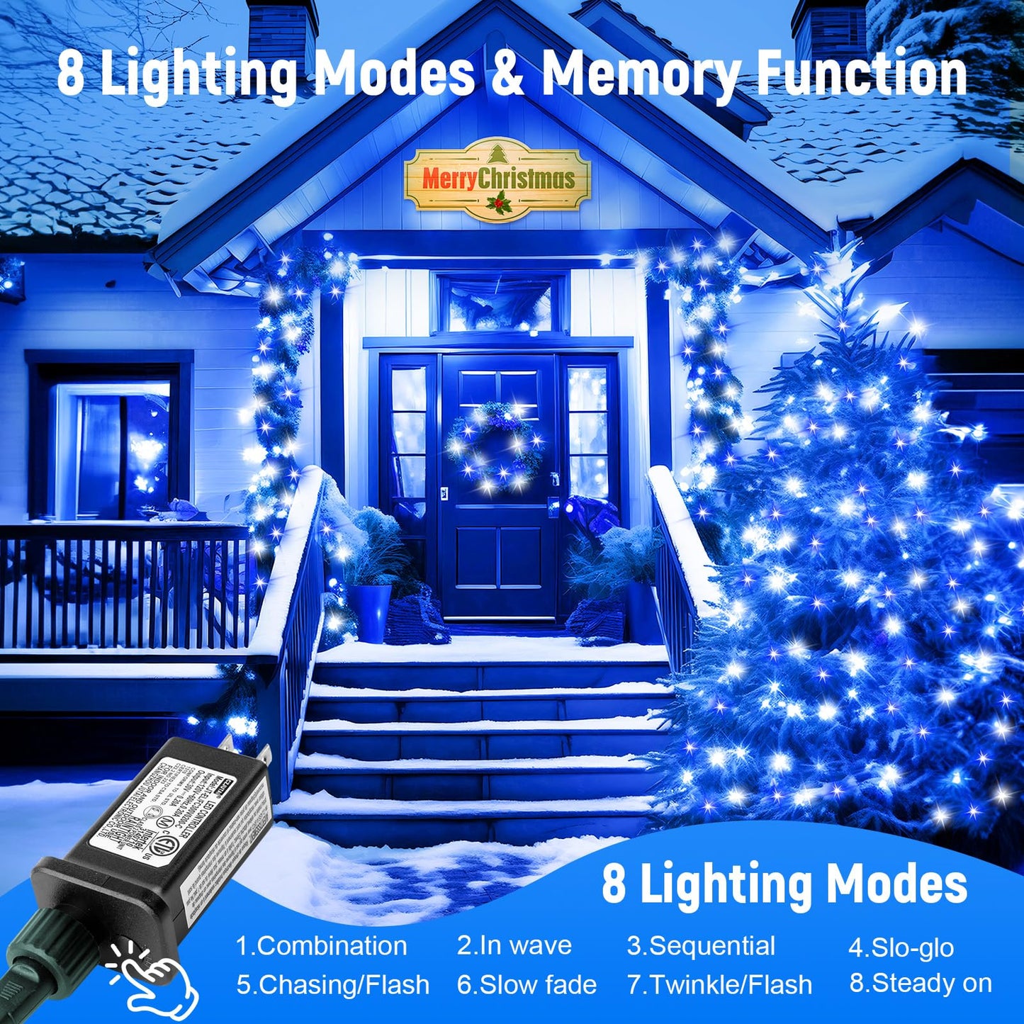 Minetom 1000 LED Christmas Tree Lights, 328 Ft, Blue & Cool White, Waterproof, 8 Modes, Remote, Indoor/Outdoor, Green Wire