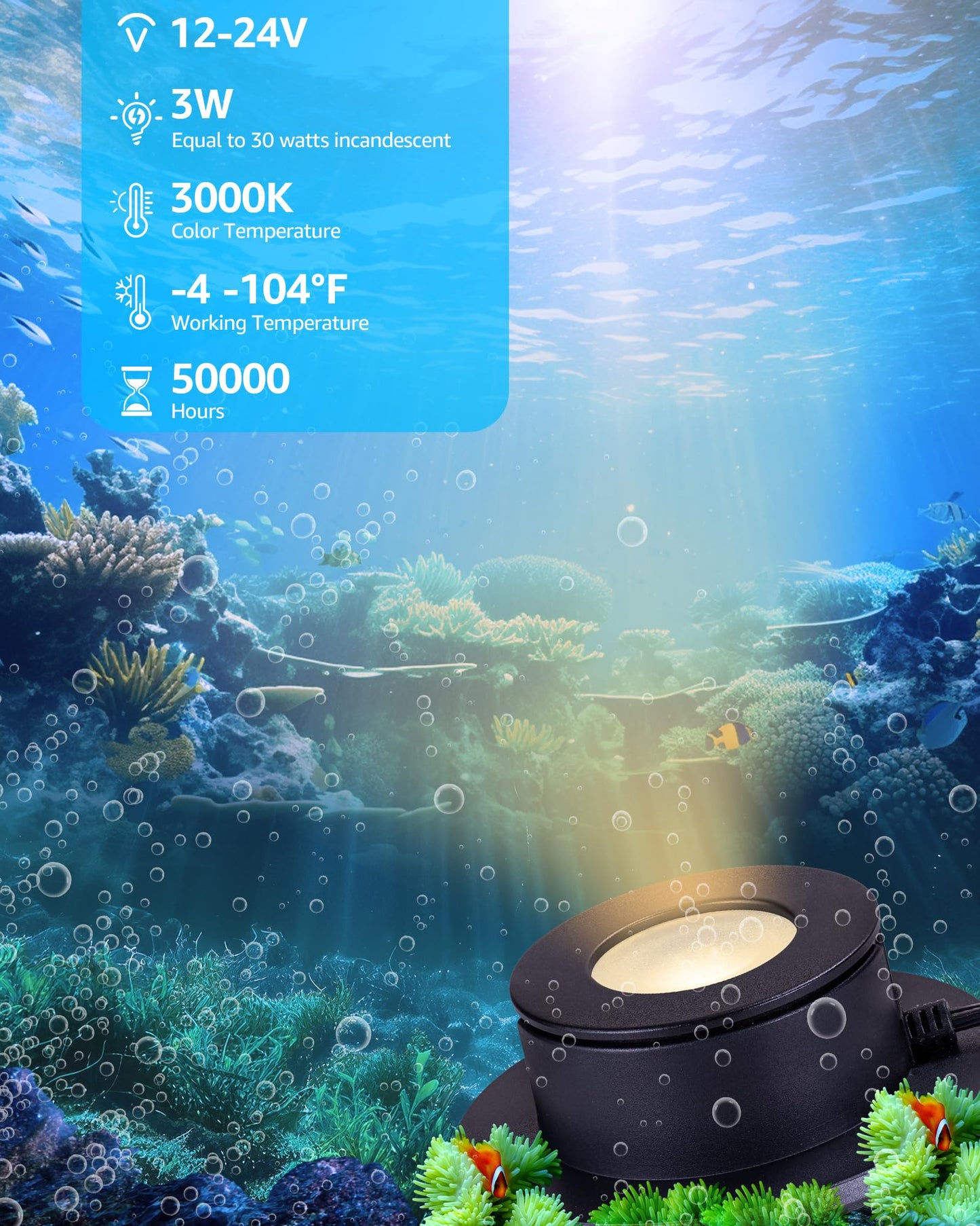 SUNVIE Pond Lights LED Underwater 3000K Warm White IP68 Waterproof, 2 Pack, Low Voltage 12-24V AC/DC, Black, Model ULWS03W02