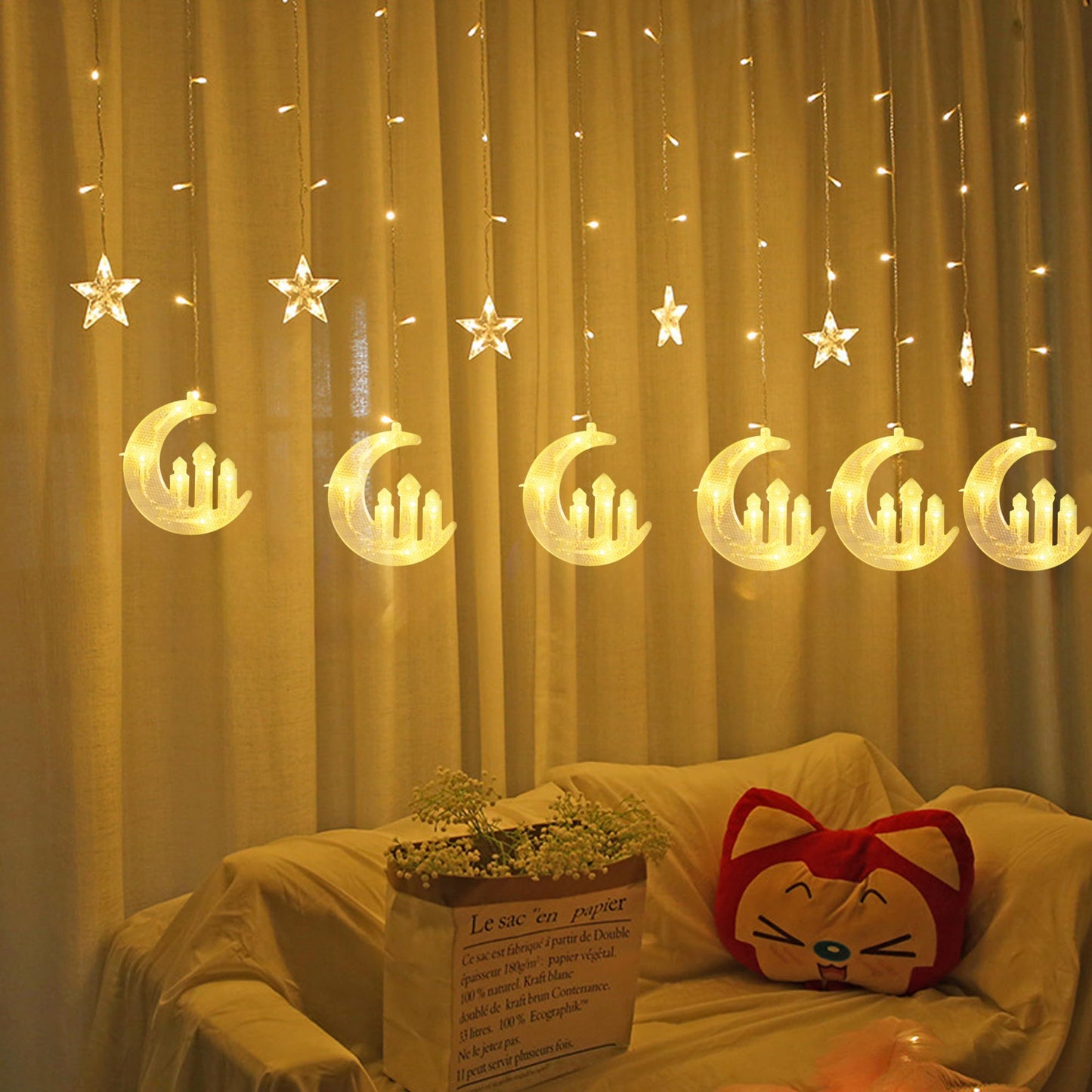 Dazzle Bright Curtain Fairy String Lights, 138 LED, 8 Lighting Modes, Warm White, Model HB-200COI, Perfect for Home Holiday Decor
