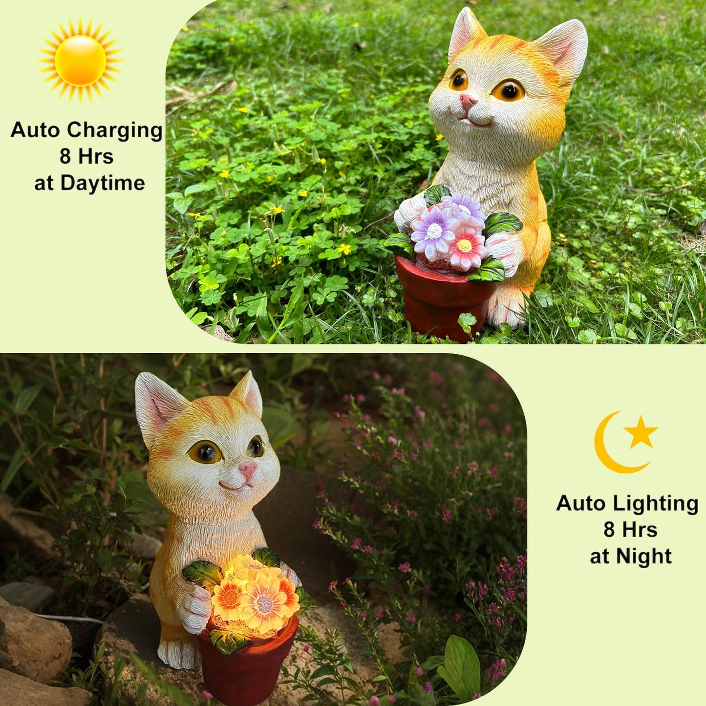 YODY Solar Garden Cat Statue with Flower Pot - Yellow Outdoor Decor for Patio, Balcony, Backyard - Unique Gift for Cat Lovers
