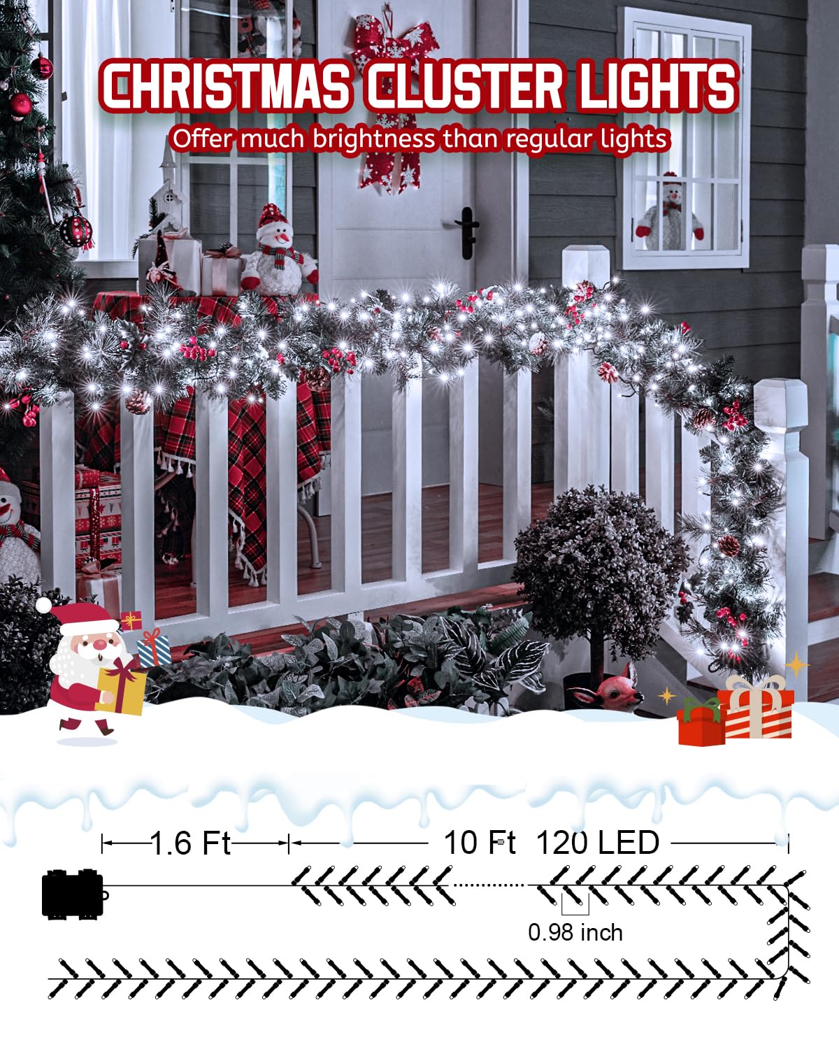 Minetom Christmas Outdoor Lights, 10Ft 120 LED Fire er String, Battery Operated, Cool White, 4 Pack