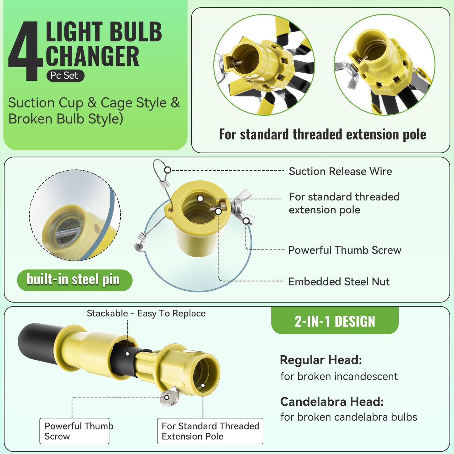 Dreyoo Light Bulb Changer Set with 3-12 ft Telescopic Pole, Suction Cup, Broken Bulb Tool, Yellow, Model DR-Dreyoo-1259
