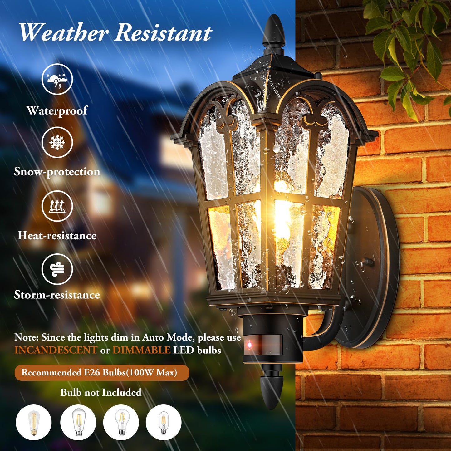 BesLowe 2-Pack Motion Sensor Outdoor Wall Lights, Black with Gold Trim, Metal, Model B06068PG(2PK)